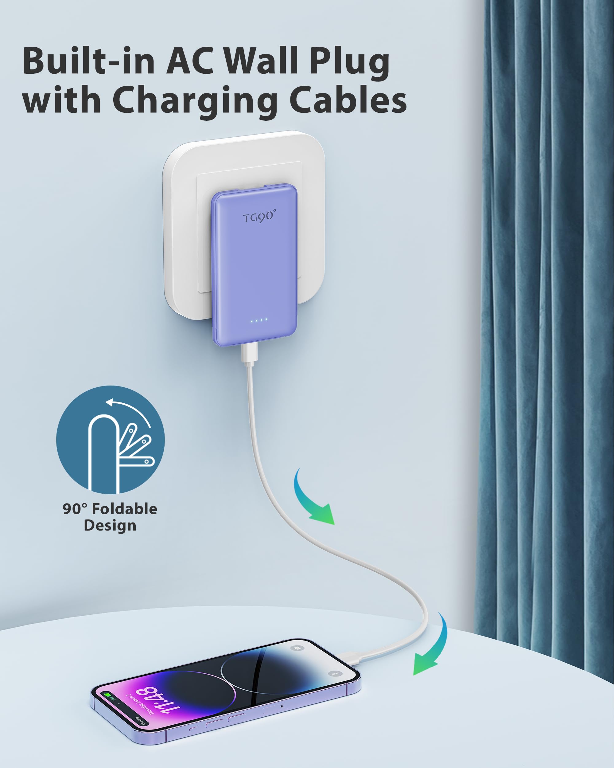 Tg90 Ultra Mini Power Bank With Built In Foldable Ac Wall Plug And Cables, 5000Mah 3 Outputs External Battery Pack Portable Phon