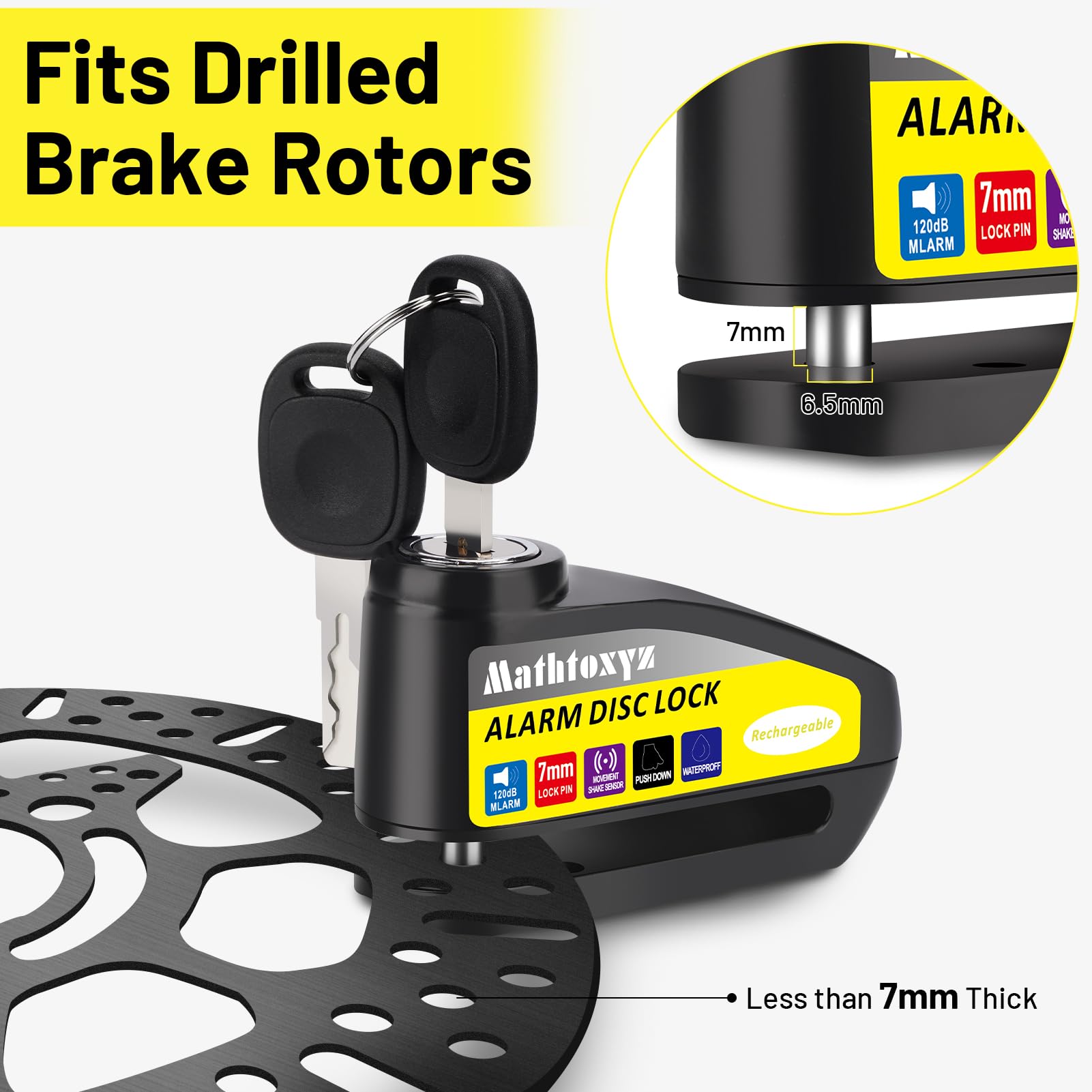 Motorcycle Lock Rechargeable, 120Db Alarm Disc Brake Locks Anti Theft Security Wheel Disc Lock Waterproof With 5Ft Reminder Cabl