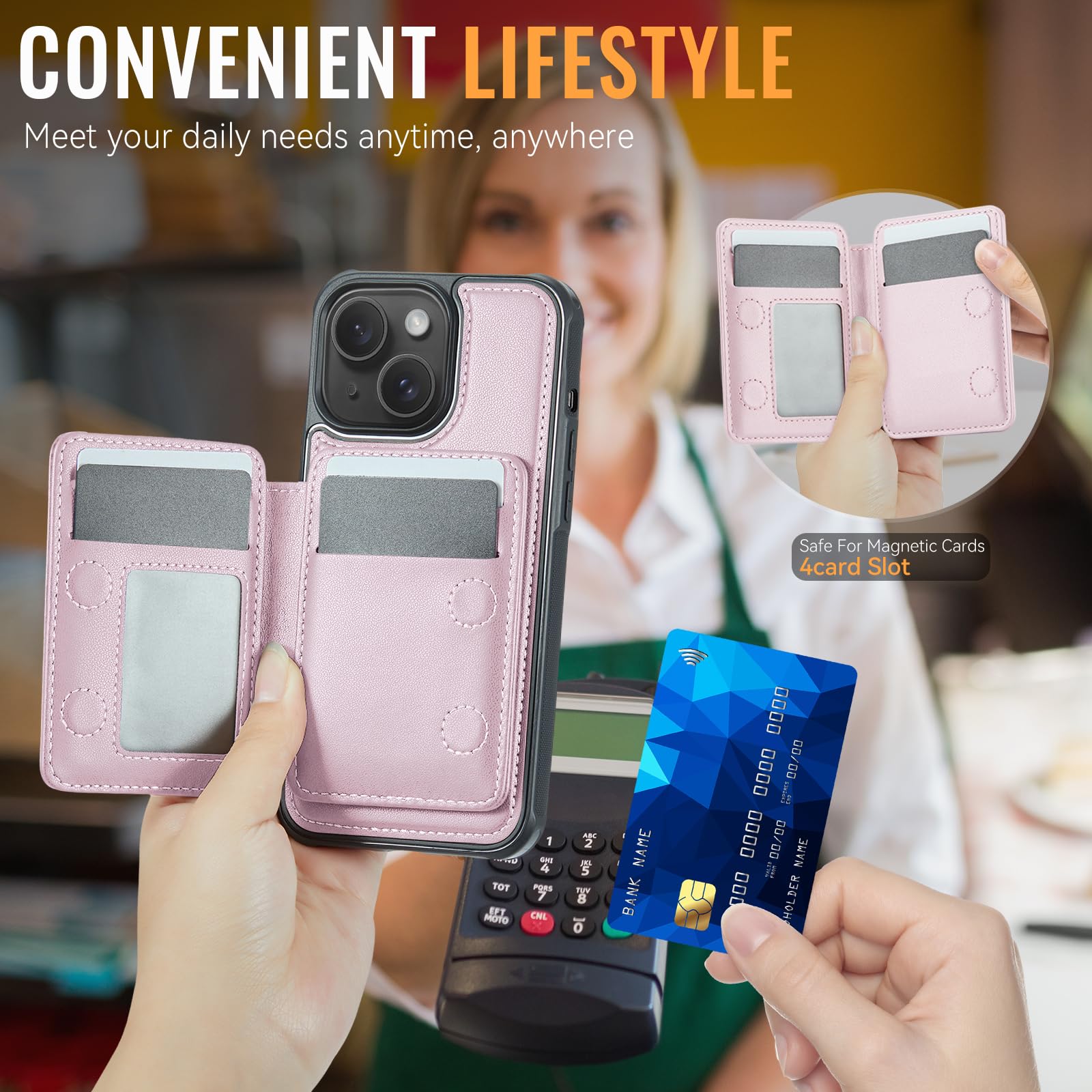 Usroom Compatible With Magsafe For Iphone 15 Wallet Case Magnetic Card Holder, Rfid Blocking 2 In 1 Detachable Kickstand Shockpr