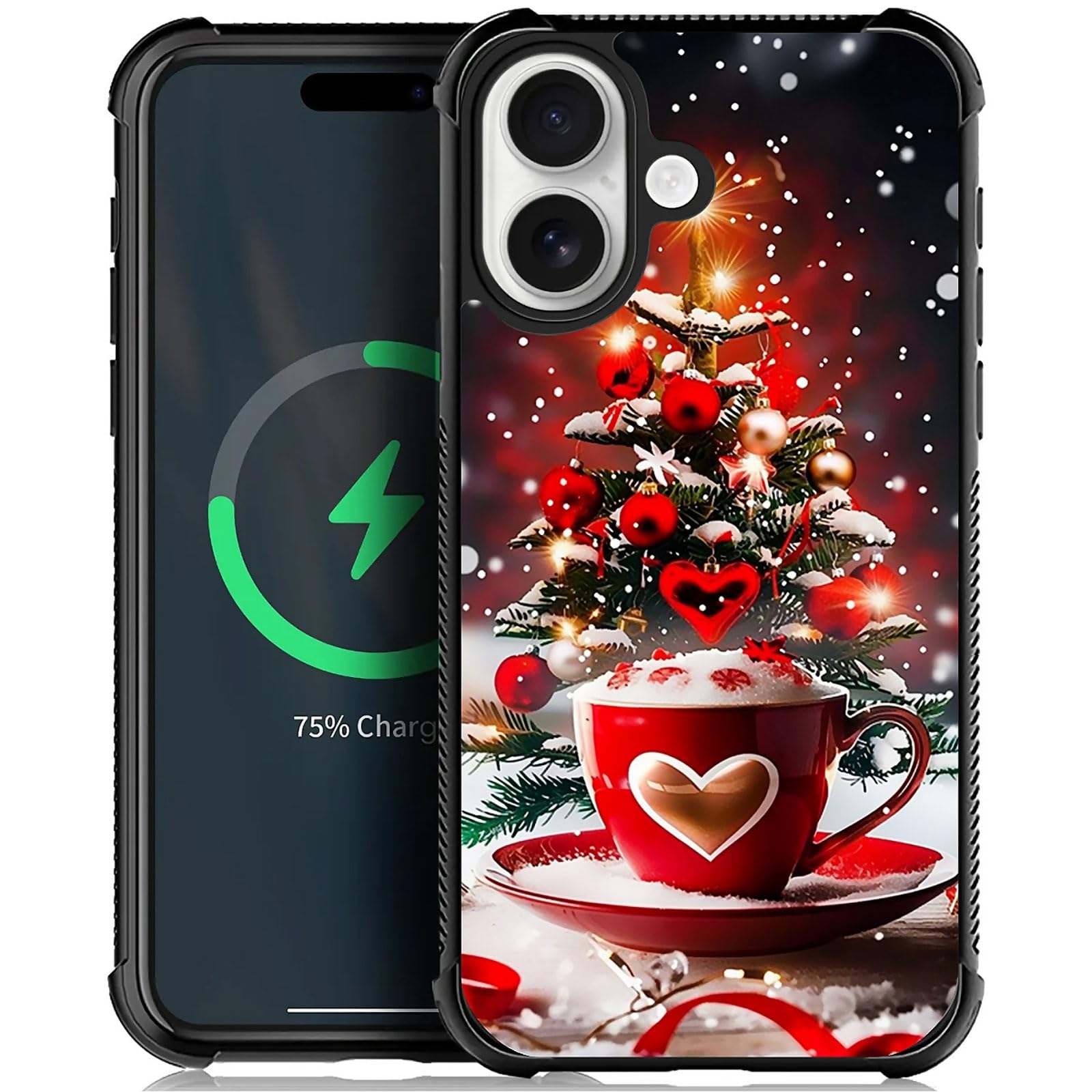 XUANWENPA for iPhone 16 Plus Case,The Black Shell Design is Bright,Anti Drop and Dust-Proof,Christmas Tree Love Cup.