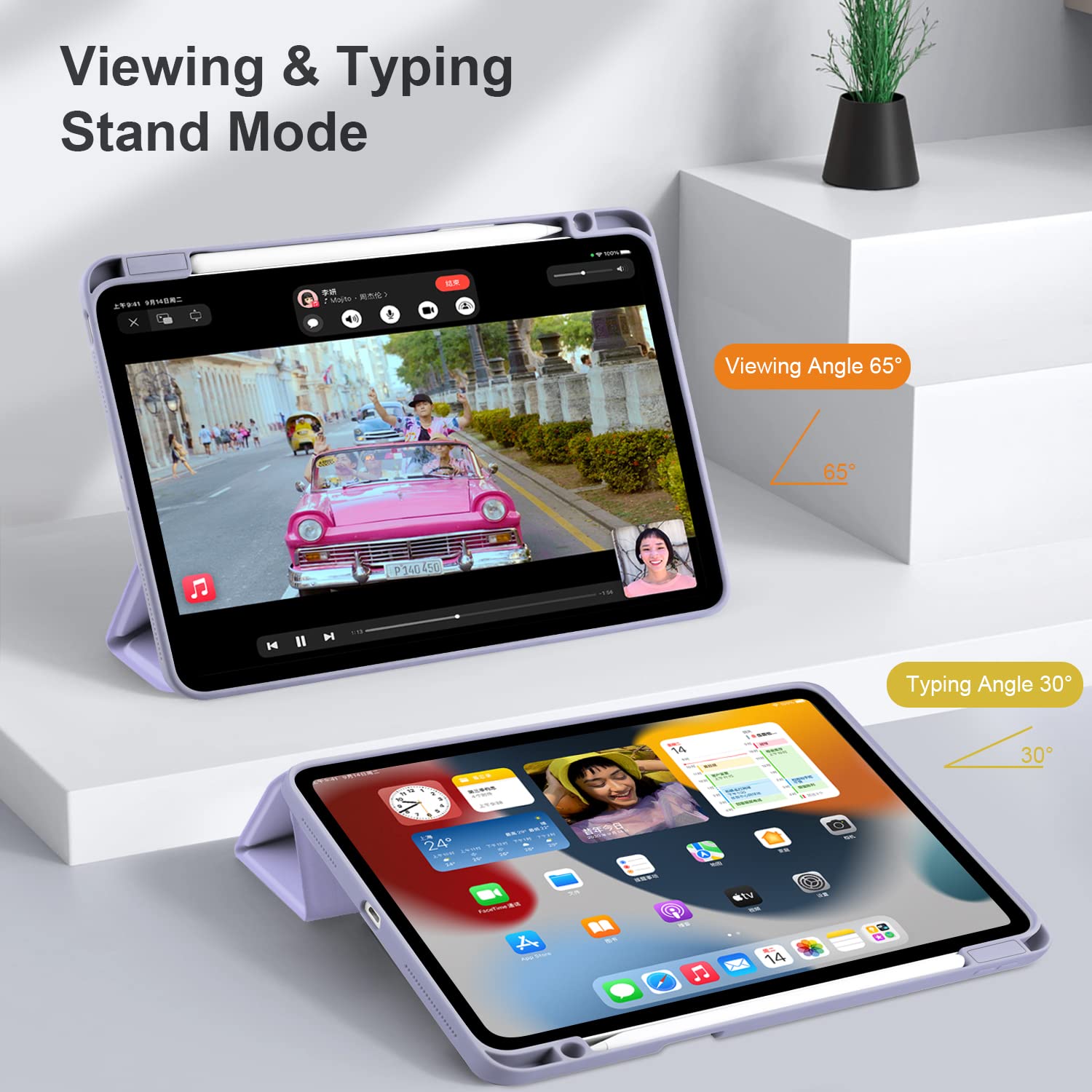 Batianda Hybrid Case For Ipad Pro 12.9 Inch 2022 M2 2021 5Th / Ipad Pro 12.9' 4Th/3Rd Gen [Built In Pencil Holder] Shockproof Cover With Clear Back Shell Tpu Bumper, Violet