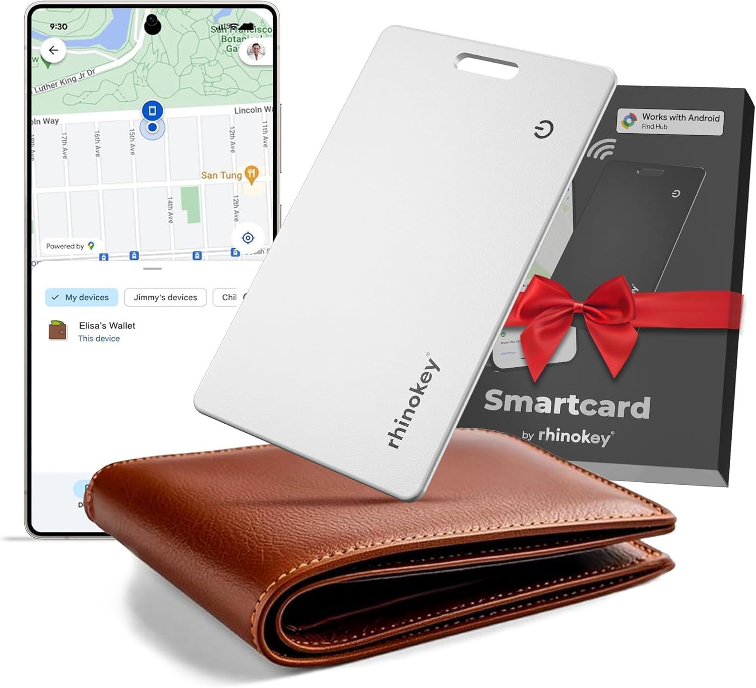 Rhinokey Wallet Tracker Card (Android Only) 0.07in Slim Rechargeable Smart Tracking Card Works with Googles Find Hub IP68 Tag I