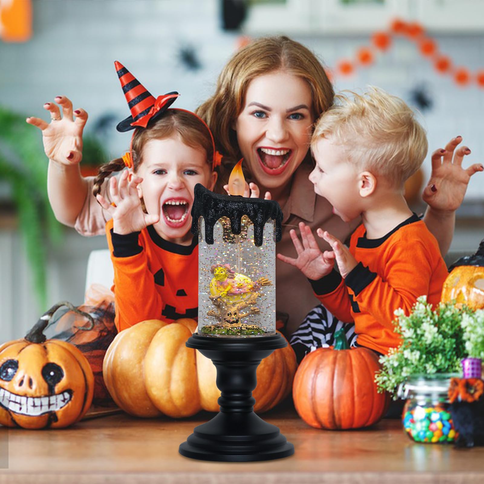 Eldnacele Halloween Snow Globe Candle Battery Operated Lighted Flameless Candles Light Swirling Water Glittering Spinning Candle