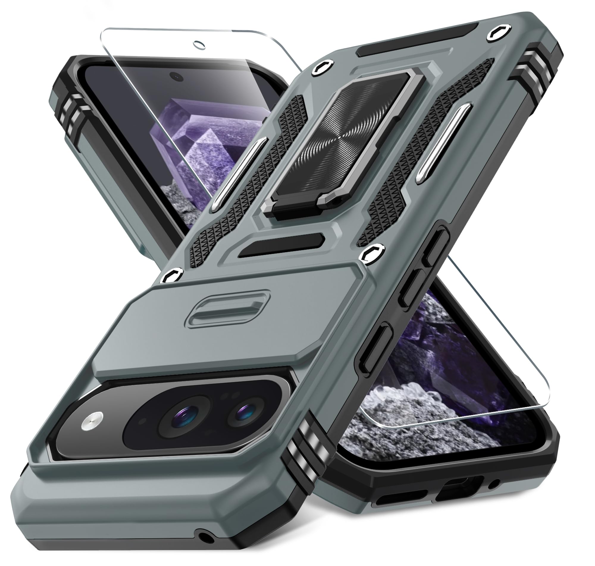 Deerlamn Case For Google Pixel 9/9 Pro With Slide Camera Cover+Screen Protector(1 Pack), Rotated Ring Kickstand Military Grade S