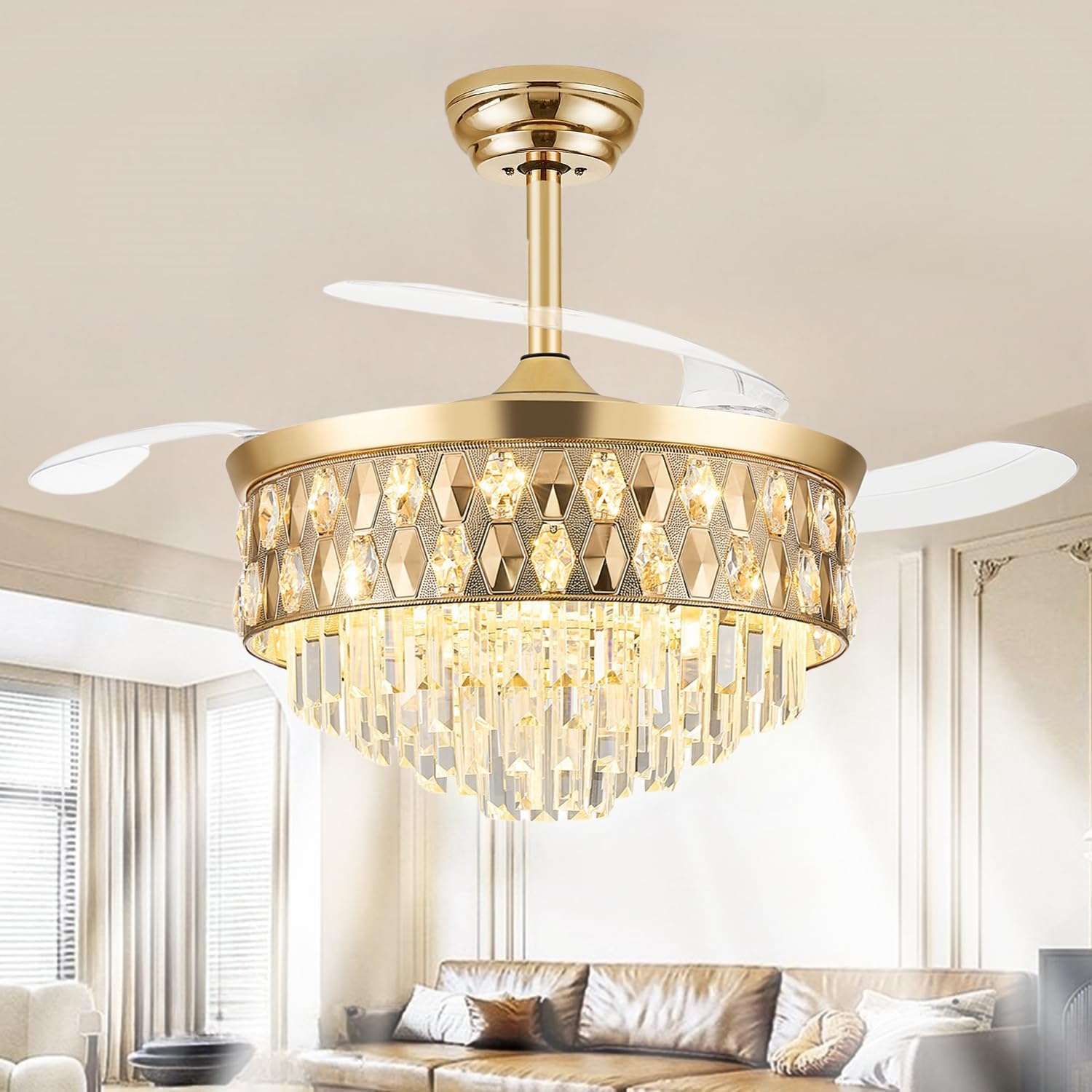 Deliyfans 52 Inch Fandelier Ceiling Fan with Light, Chandelier Fan, Retractable Crystal Ceiling Fan Dimmable LED, 3 Color Temper