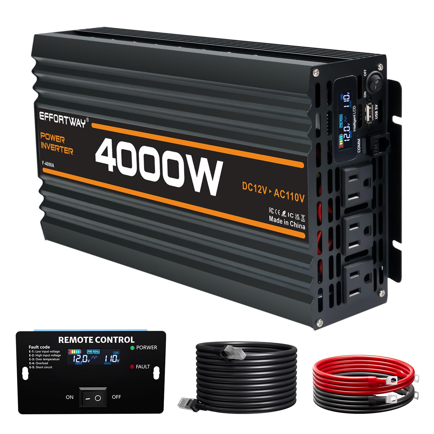 EFFORTWAY 4000W Power Inverter, 12V DC to 110V/120V Modified Sine Wave Inverter with 3 AC Outlets, USB Port, Wired Remote Contro