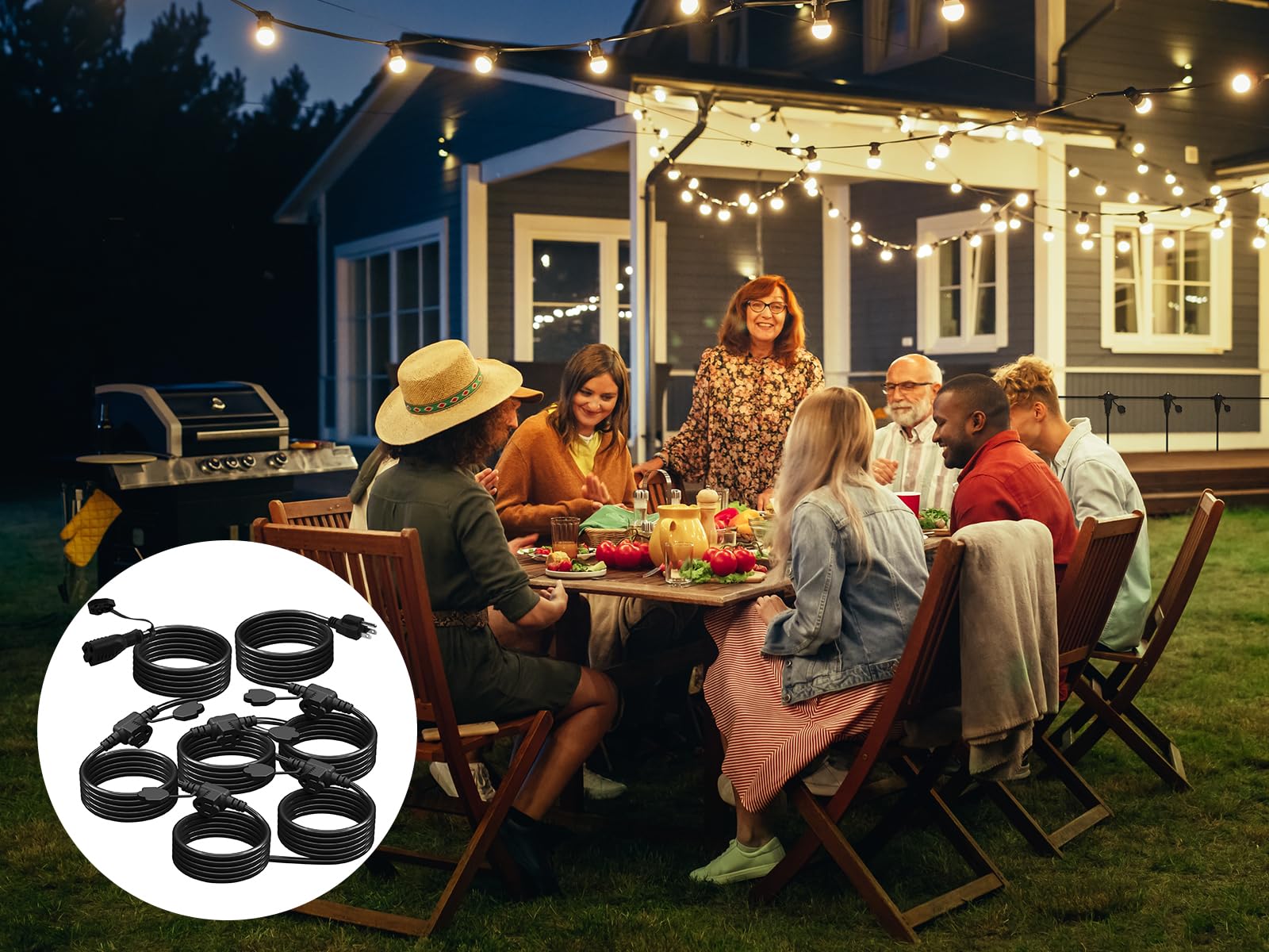 Makevivi 50Ft Outdoor Extension Cord   Evenly Spaced 6 Outlets Plugs With Safety Cover, 16/3 Sjtw Weatherproof Multi Outlet Exte