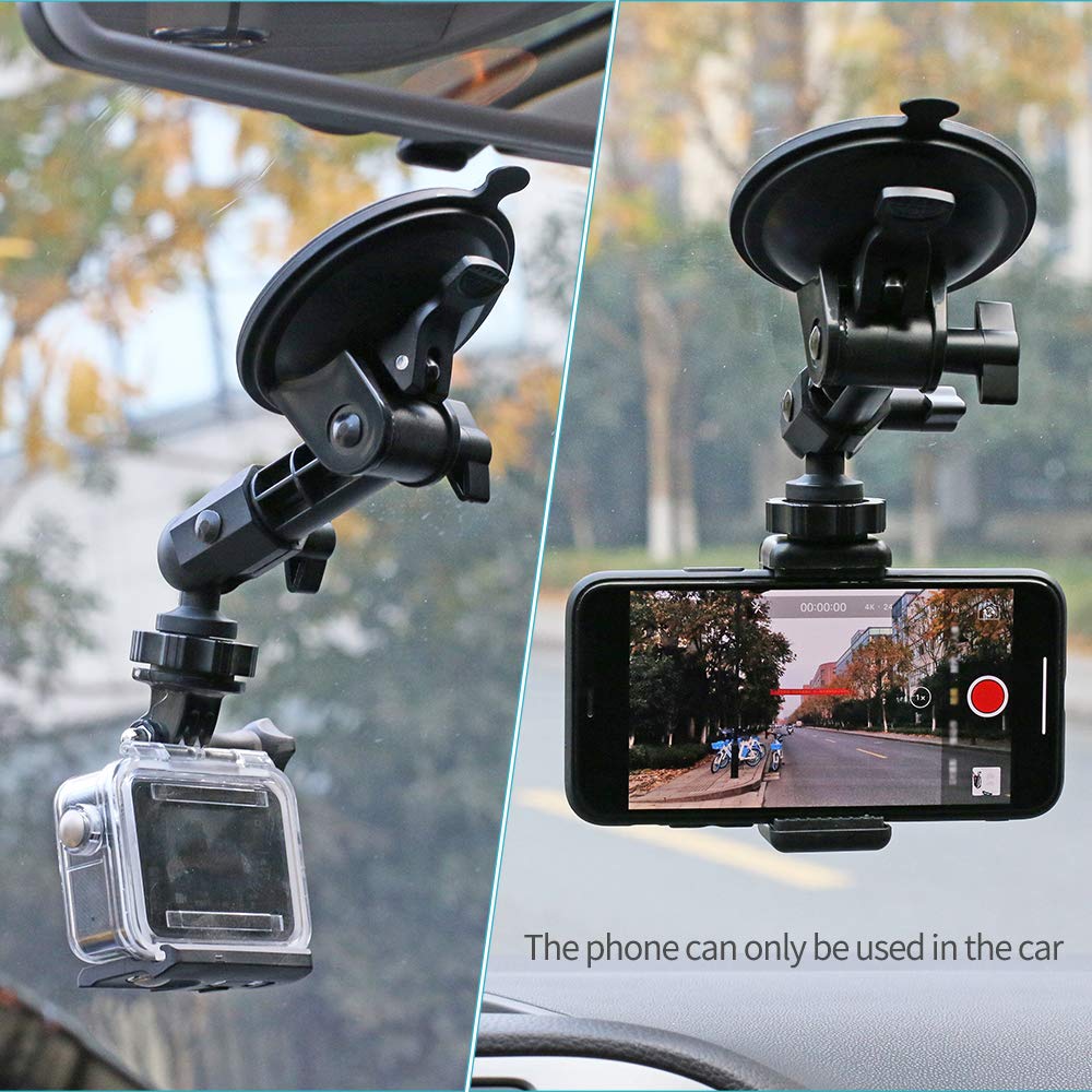 Surewo Suction Cup Car Mount For Gopro,Windshield Window Dashboard Holder With Phone Clip Compatible With Gopro Hero 13/12/11/10