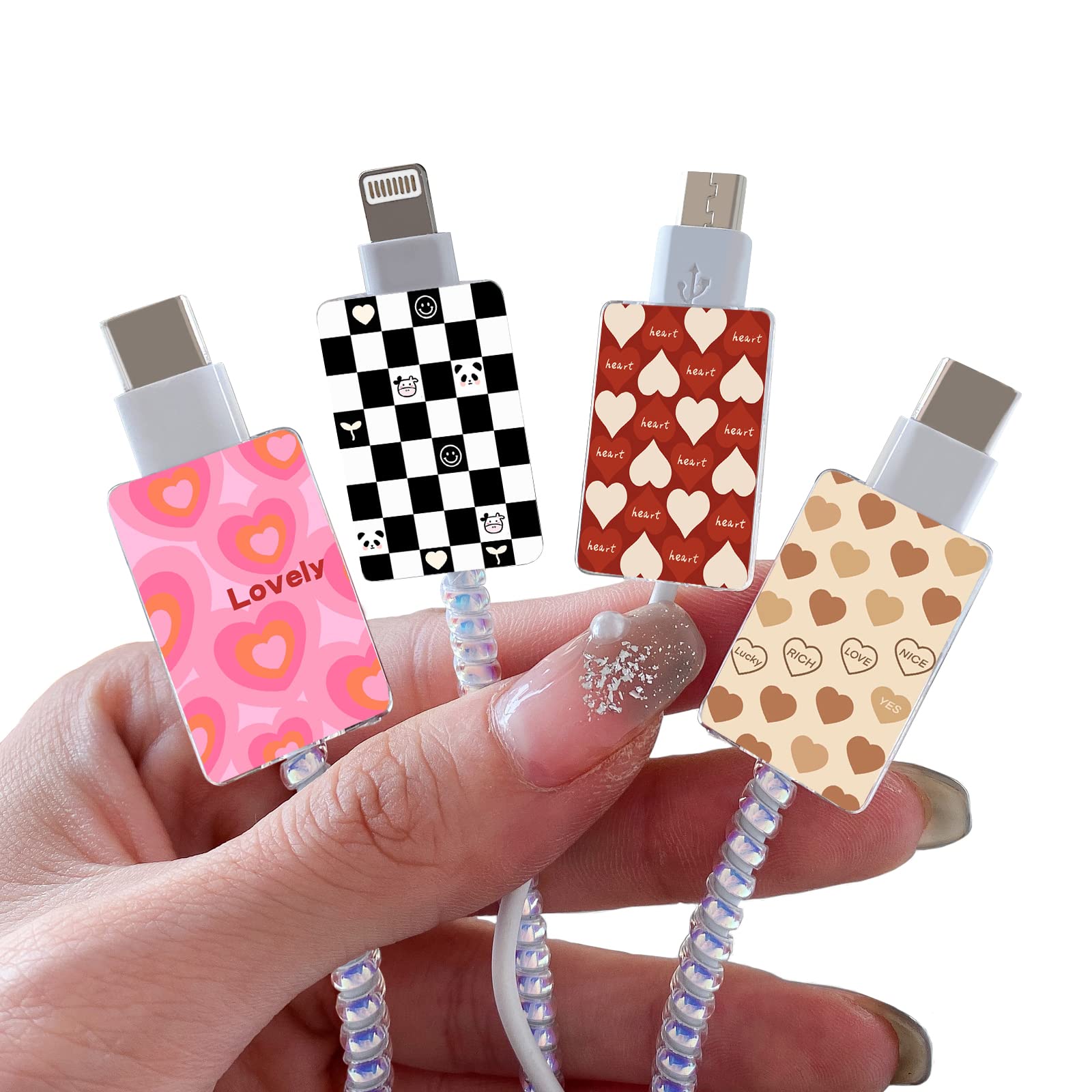 Cute Cartoon Protector For Iphone Charger Kawaii Love Heart Cow Panda Unique Pattern 4 Pcs Set Cable Protector For Women Girls,C