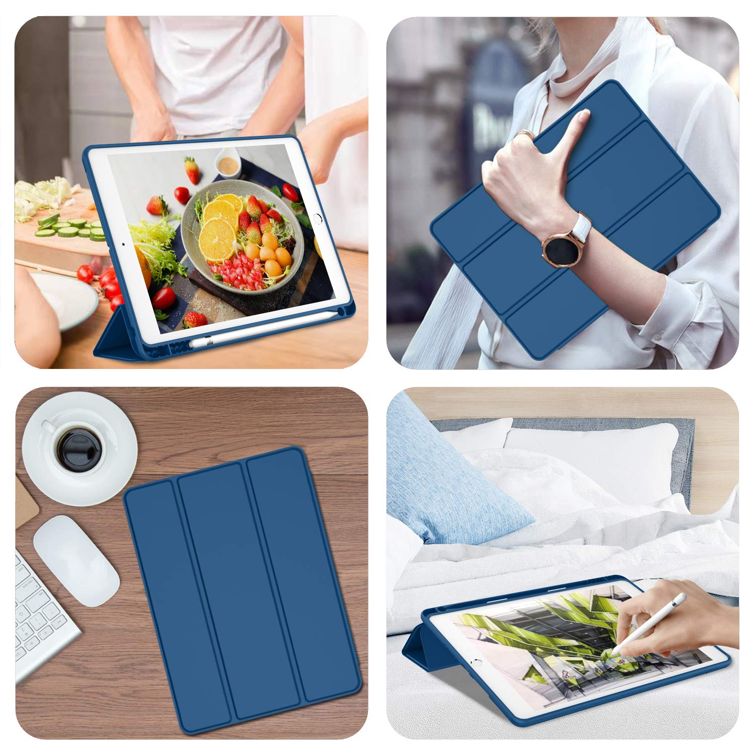 Imieet Ipad 9Th Generation Case 2021/Ipad 8Th Generation Case 2020 10.2 Inch With Pencil Holder, Ipad 7Th Gen 2019 Case With Soft Baby Skin Silicone Back, Auto Wake/Sleep Cover (Navy Blue)