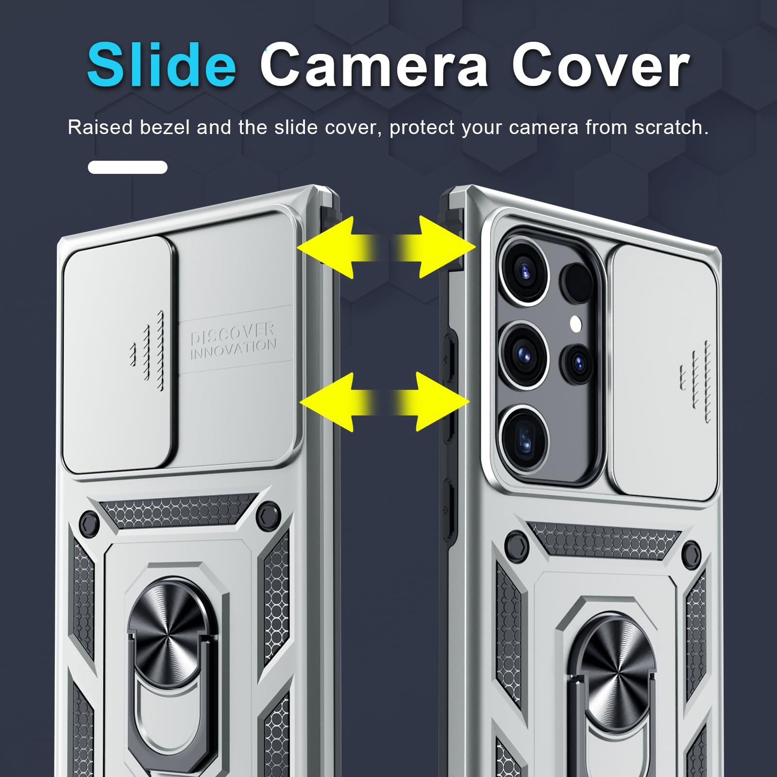 Janmitta Compatible With Samsung Galaxy S24 Ultra Case Built In Slide Camera Lens Cover+Screen Protector+Finger Ring Holder Kick