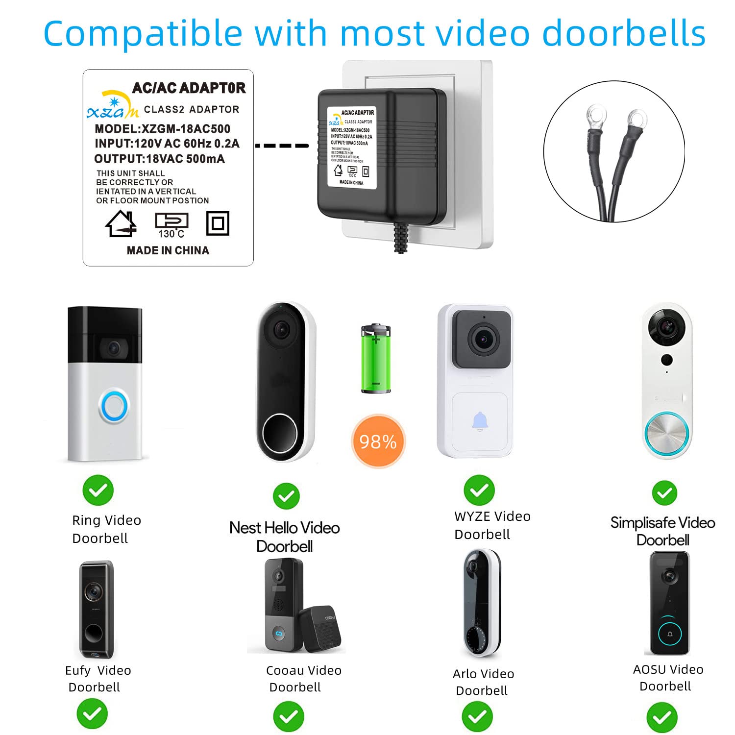 Black Video Doorbell Special Power Transformer,18V500Ma Doorbell Power Adapter, Compatible With Ring, Nest, Eufy, Wyze, Arlo Wir