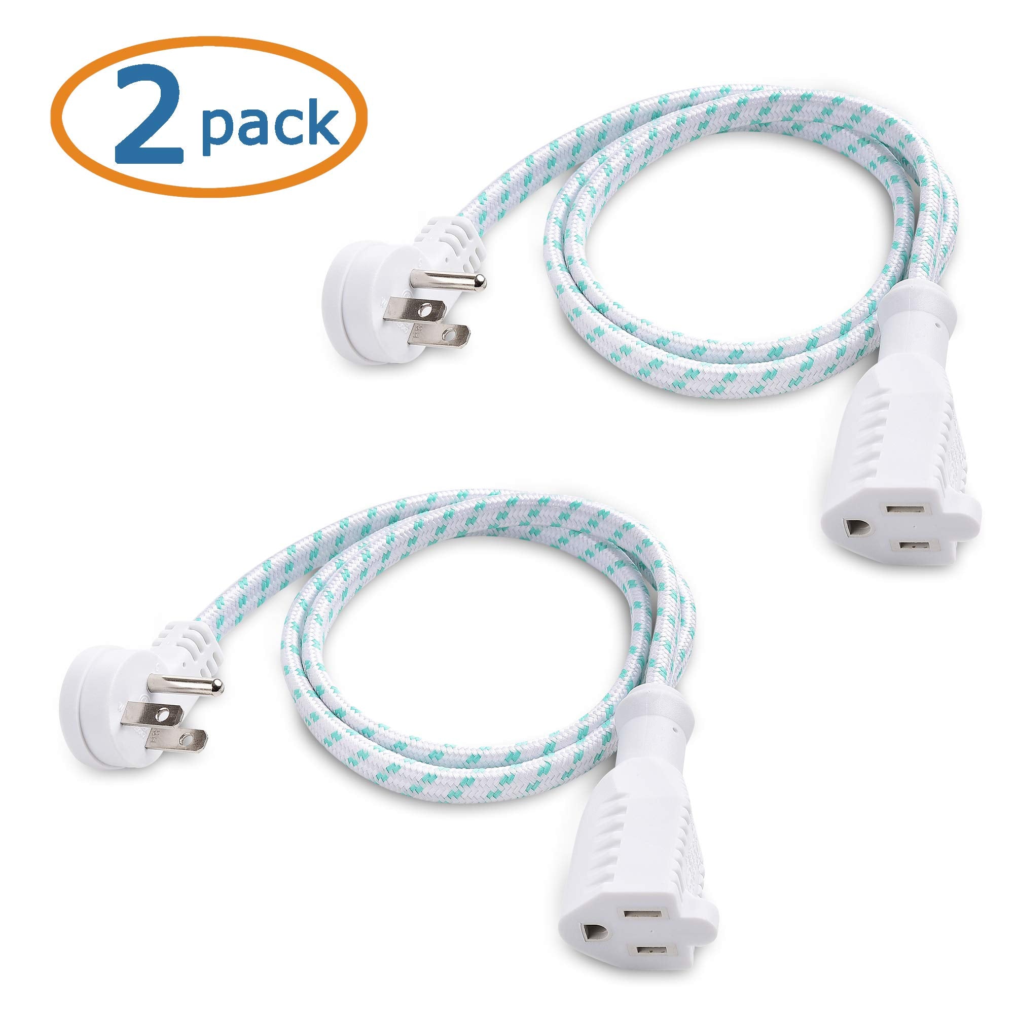 Cable Matters 2 Pack Braided Low Profile Flat Power Cord 3 Ft, 3 Prong (Flat Plug Extension Cord, Under Rug Power Extension Cord