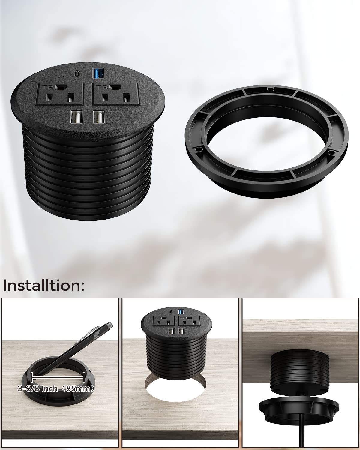 Recessed Power Grommet With 20W Fast Charging Usb C Port, 2Ac Outlets, 3 Usb A   Countertop Outlet Flush Mount For Desktop 3 3/8