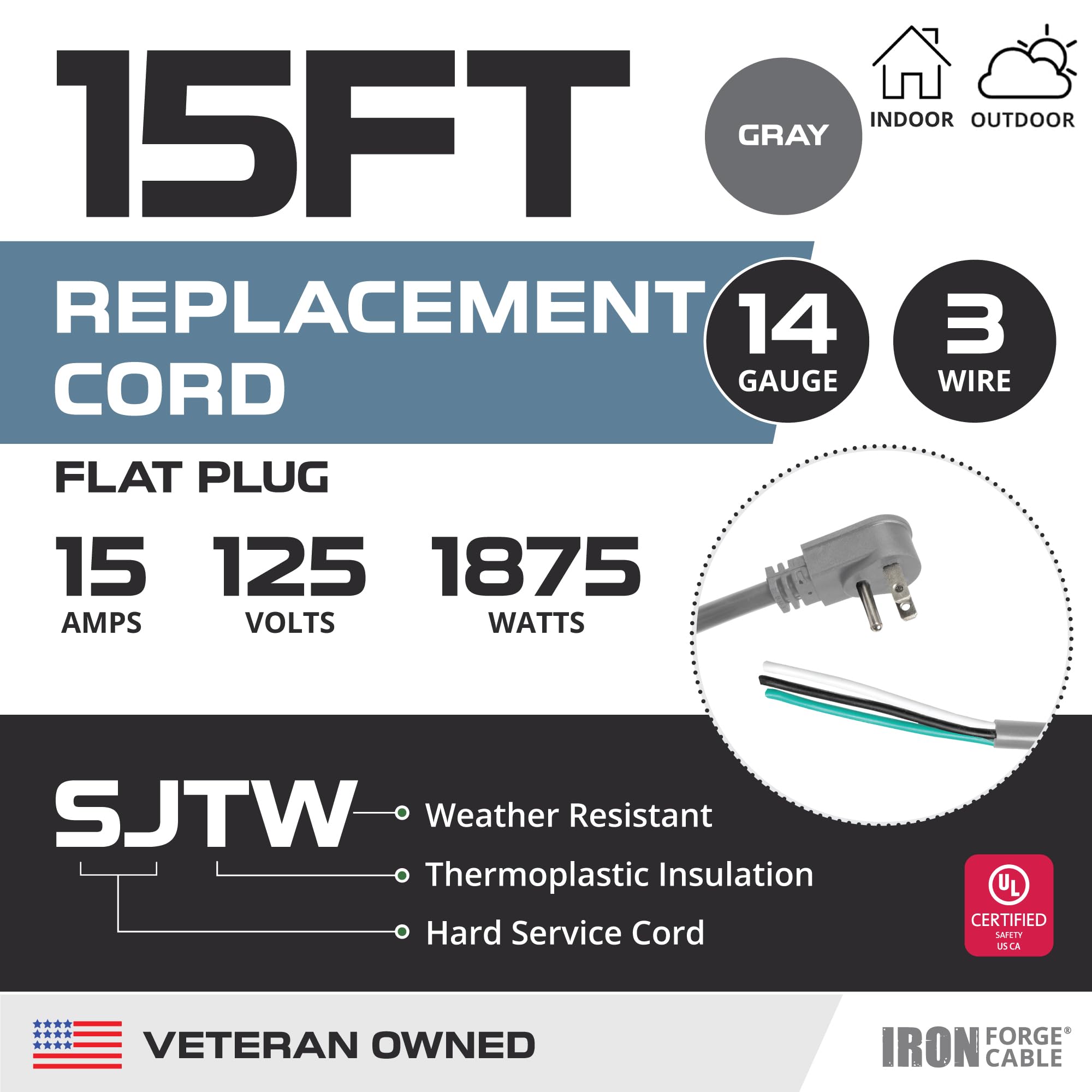 Iron Forge Cable 15 Foot Slim Plug Head Replacement Power Cord With Open End, 15 Amp Extension Cord 3 Prong Flat Plug To 3 Wire,