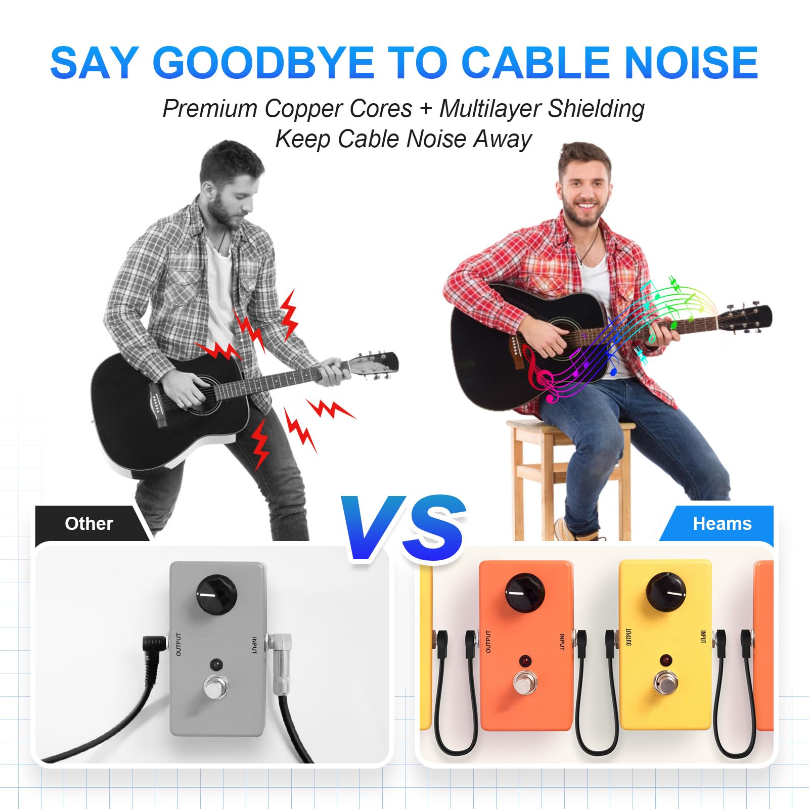 Heams Professional 6 Pack 6 Inch Guitar Patch Cables, Noise Free And Long Lasting Guitar Pedal Cable, Low Profile Save More Spac