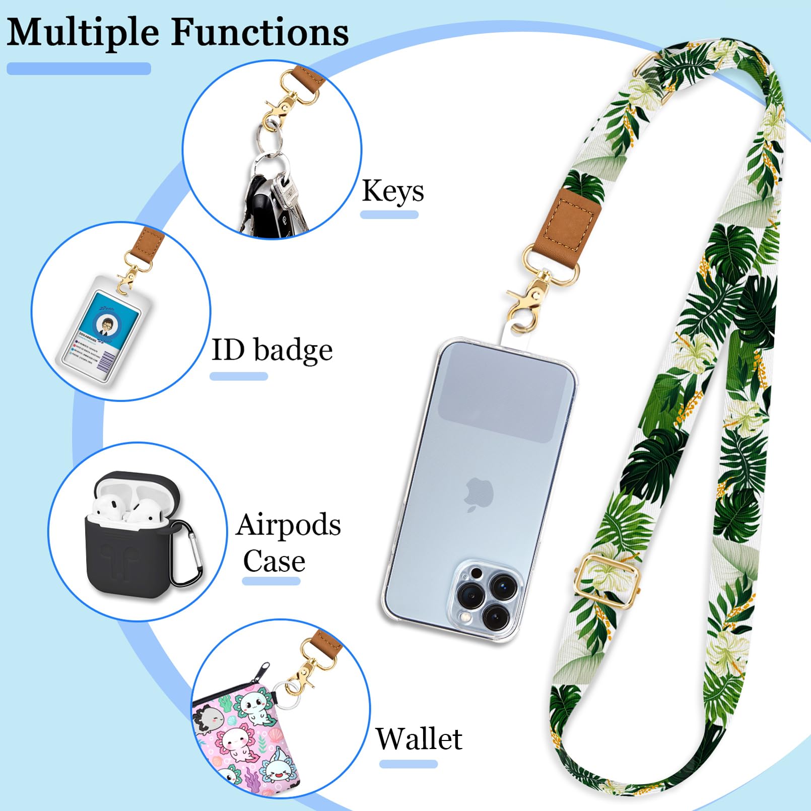 Yonlevres Cell Phone Lanyard Crossbody With Wrist Strap, Green Leaf Phone Lanyards For Around The Neck Wristlet Adjustable Phone