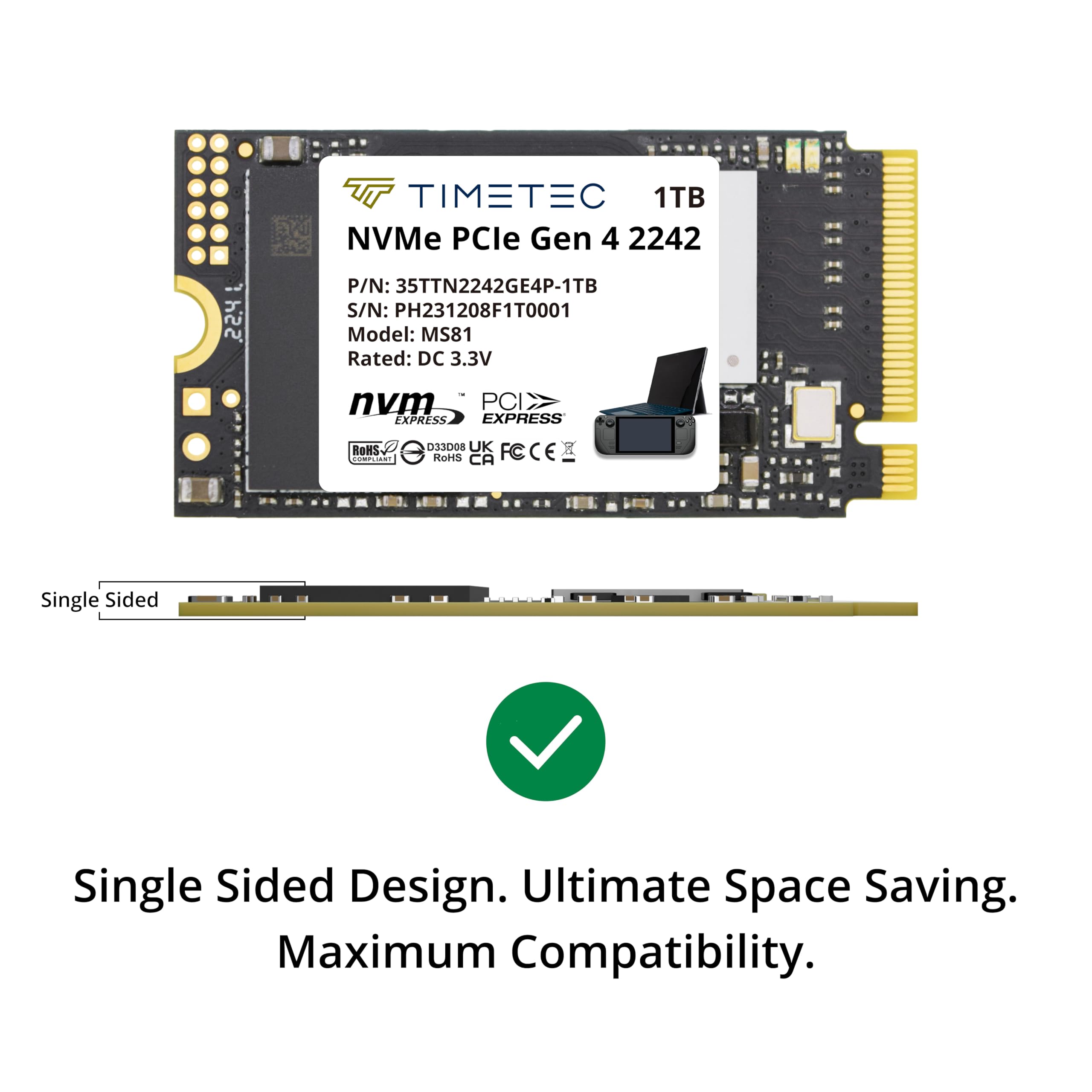 Timetec 1Tb M.2 2242 Ssd Nvme Pcie Gen4X4 3D Nand Tlc Read/Write Speed Up To 5,100/4,800 Mb/S Single Sided Compatible With Lenov