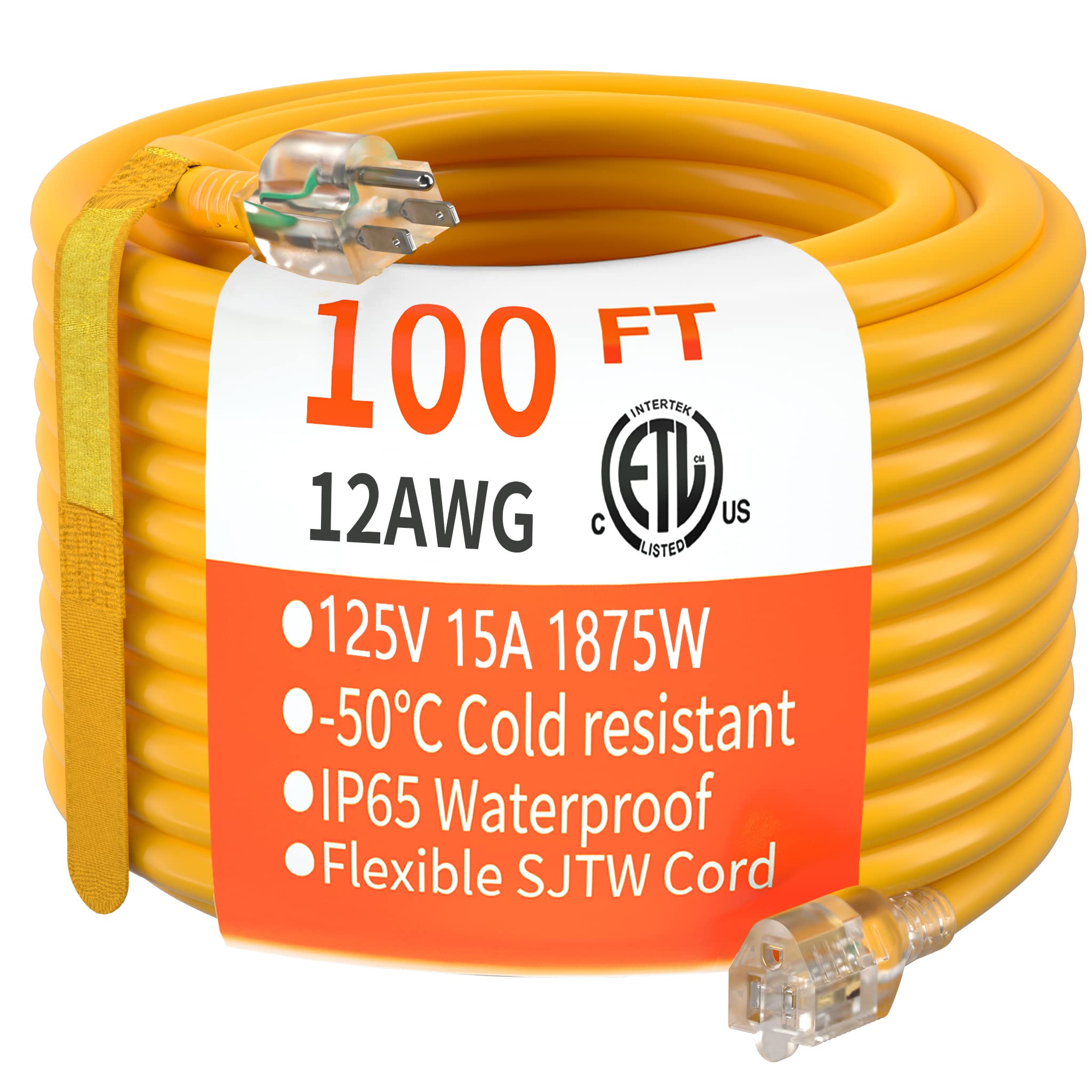 Huanchain 100 Ft 12/3 Gauge Heavy Duty Outdoor Extension Cord Waterproof With Lighted, Flexible Cold Weather 3 Prong Electric Co