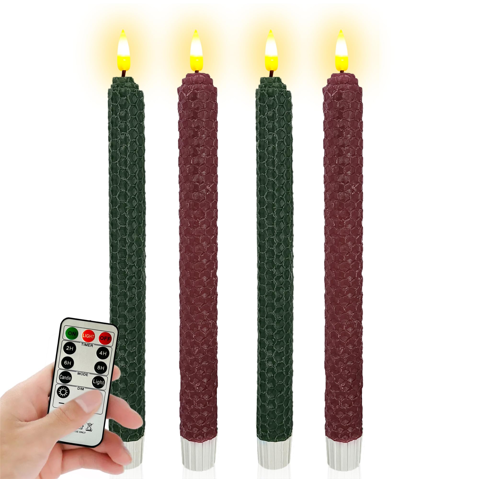 Flameless LED Taper Candles with Remote & Timer - 9.5 Red Green Hand Rolled Beeswax Honeycomb Candlesticks Flickering Battery Op