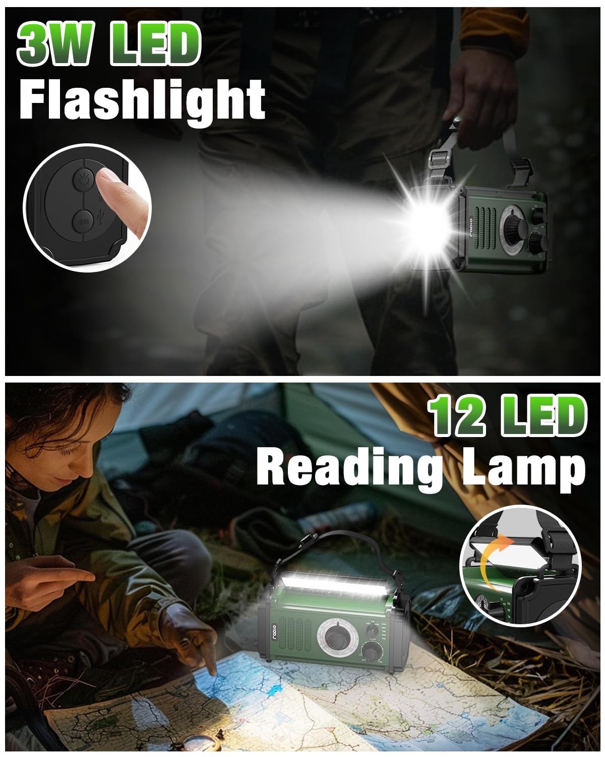 Emergency Radio, Solar Radio, 10000Mah Hand Crank Radio, Noaa Am Fm Weather Radio, 4 Charging Methods, Polymer Battery, Flashlig