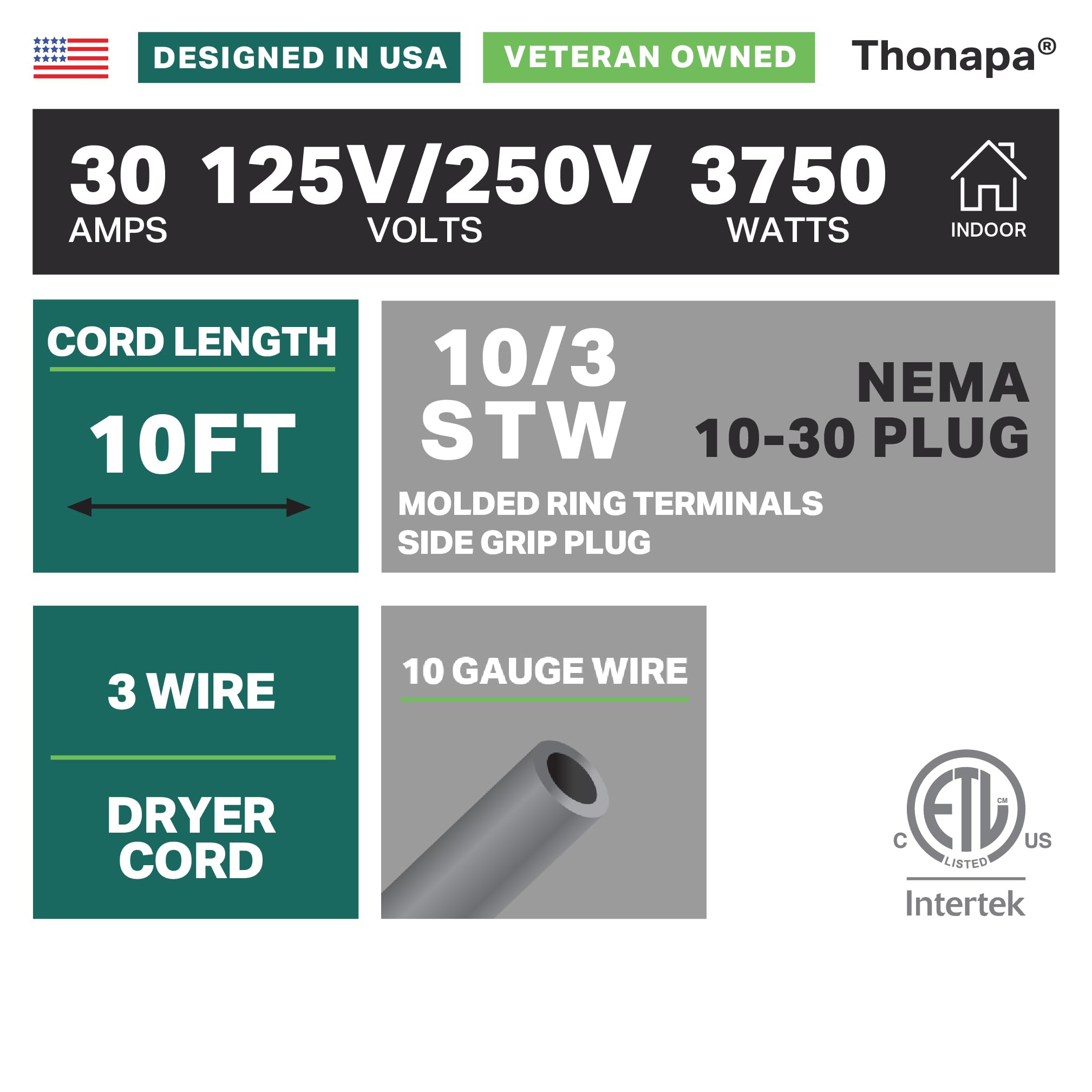 Thonapa 3 Prong Dryer Cord 10 Ft, 30 Amp Appliance Extension Cord 3 Prong 10 Foot, Nema 10 30 Plug, 10/3 Srdt Gray Dryer Power C