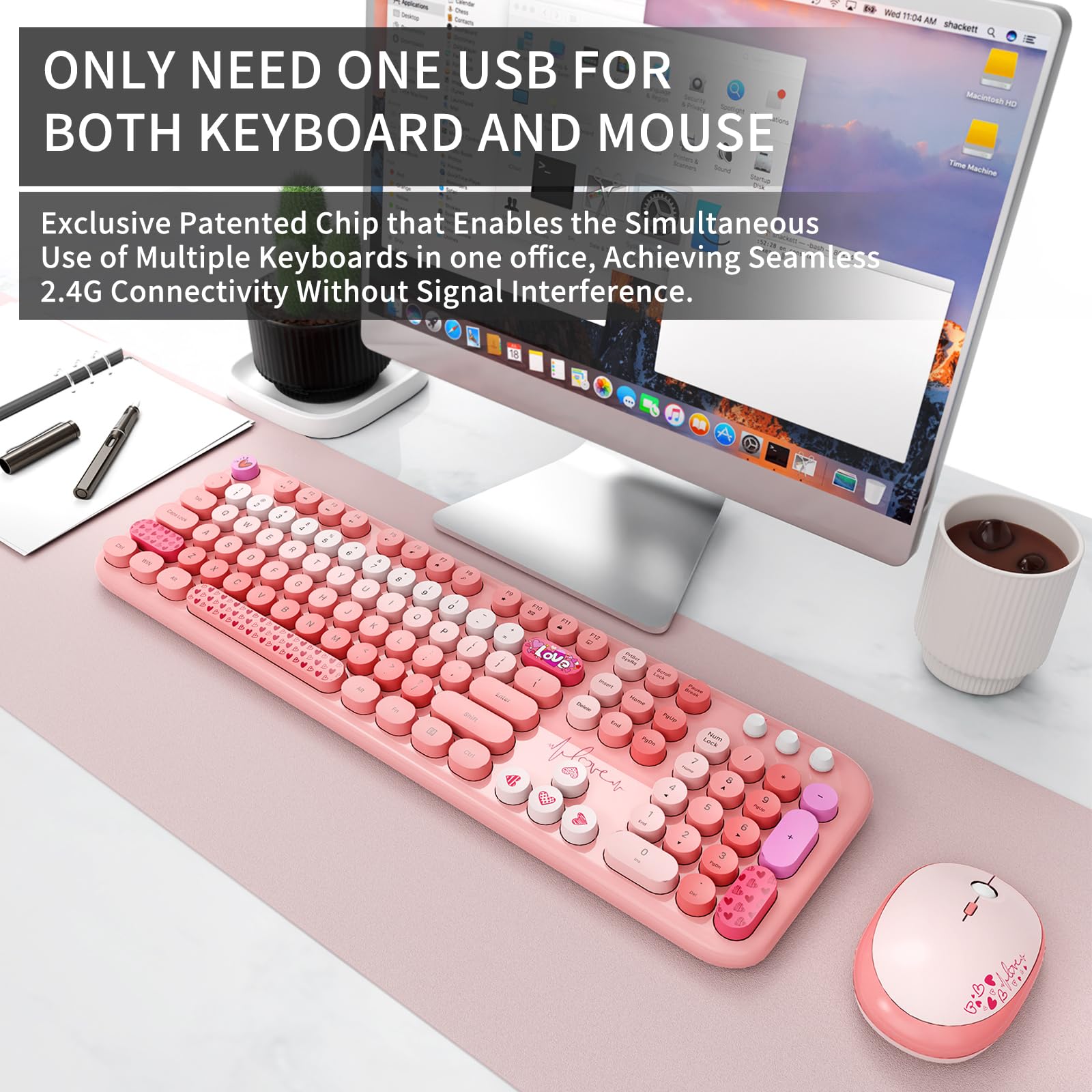 Wireless Keyboard And Mouse Combo, 104 Round Keys Full Size Cute Colorful Pink Cordless Keyboard And Mouse With Retro Typewriter