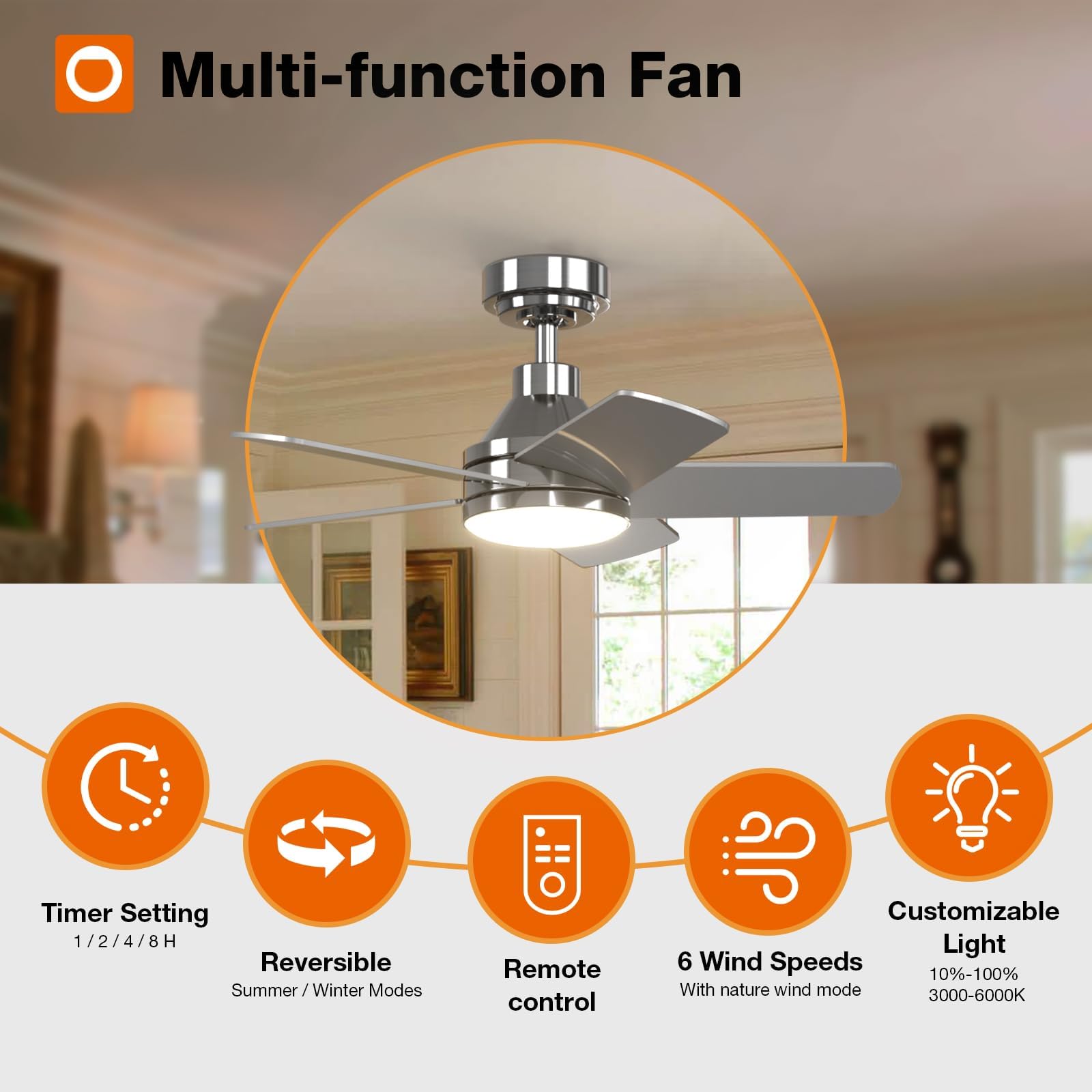 Addlon Ceiling Fans With Lights, 32 Inch Nickel Ceiling Fan With Light And Remote Control, Reversible, 3Cct, Dimmable, Noiseless