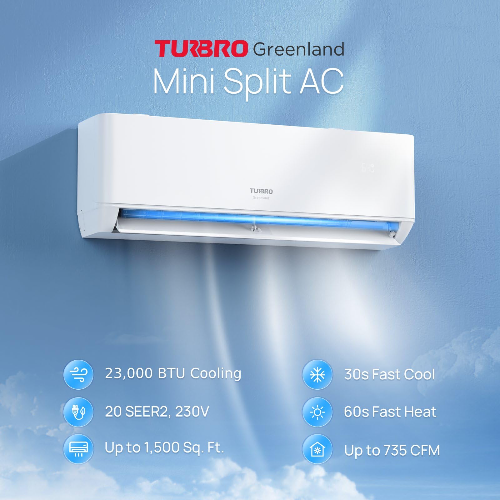 Turbro 24,000 Btu Ductless Mini Split Inverter Ac With Heat Pump, 20 Seer2, 230V, Wifi Enabled, Cools Up To 1,500 Sq.Ft, Energy