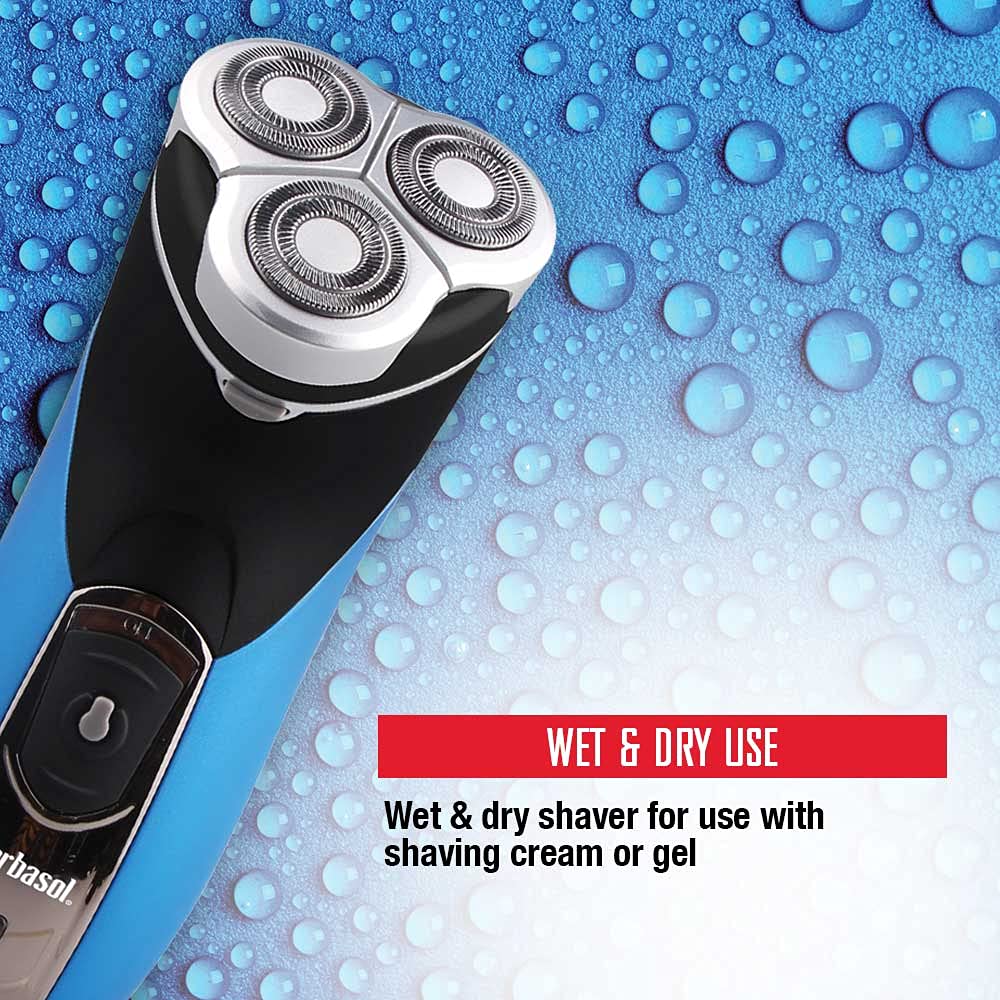 Barbasol Rechargeable Electric Wet And Dry Rotary Shaver With Stainless Steel Blades And Pop Up Trimmer