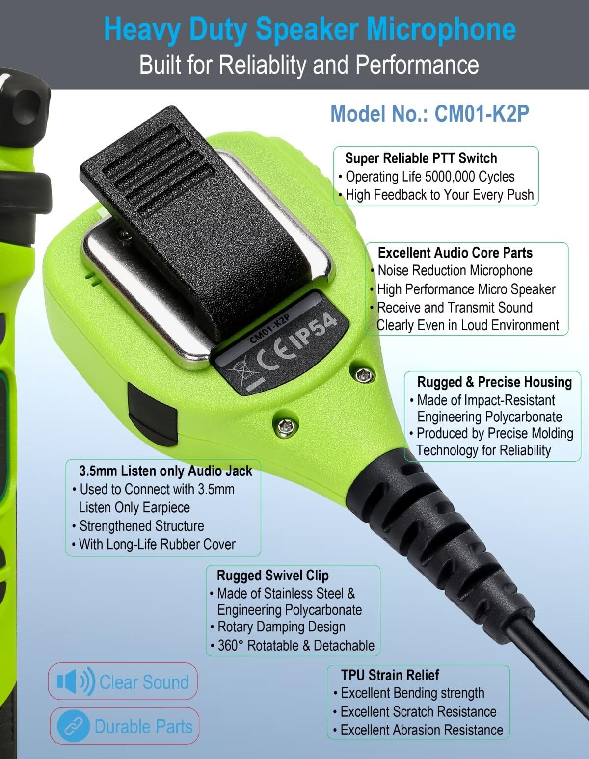 Commountain Heavy Speaker Mic Compatible For Baofeng Radios Bf F8Hp Bf F9 Uv 82 Uv 82Hp Uv 82C Uv 5R Uv 5R5 Uv 5Ra Uv 5Re Uv 5X3 And Kenwood Btech Retevis Samcom Radios, Walkie Talkie Microphone