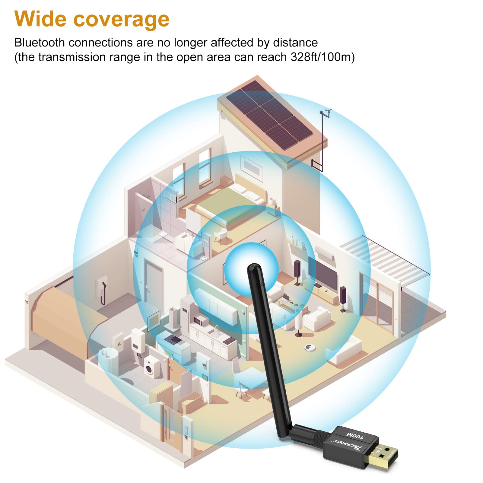 Long Range Usb Bluetooth 5.3 Adapter For Desktop Pc - 328Ft Wireless Transfer For Mouse, Keyboard, Headphones - Win11/10/8.1 Sup