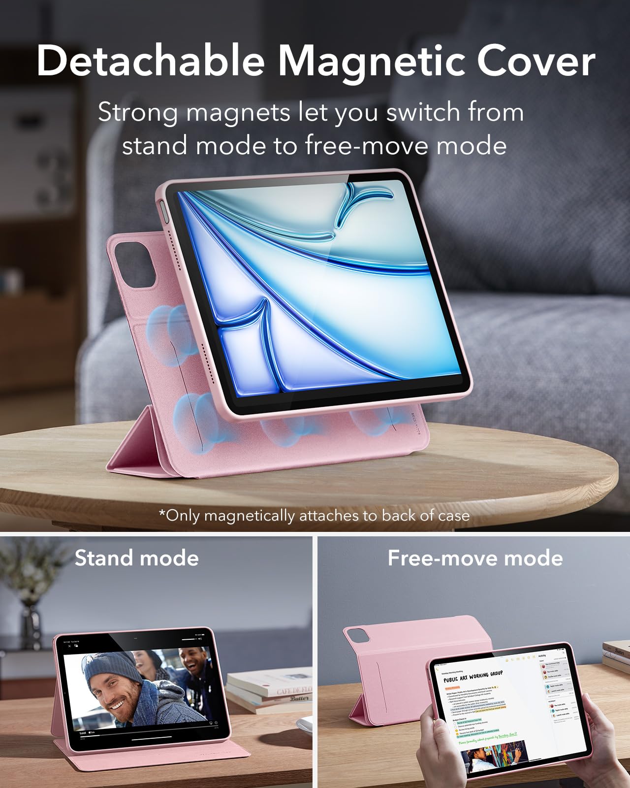 Esr For Ipad Air 11 Inch Case (2025) M3/M2, Ipad Air 7Th/6Th/5Th/4Th Generation Case (2024/2022/2020) 10.9 Inch With Pencil Holder, Removable Magnetic Cover, Vertical Stand, Rebound 360 Series, Pink