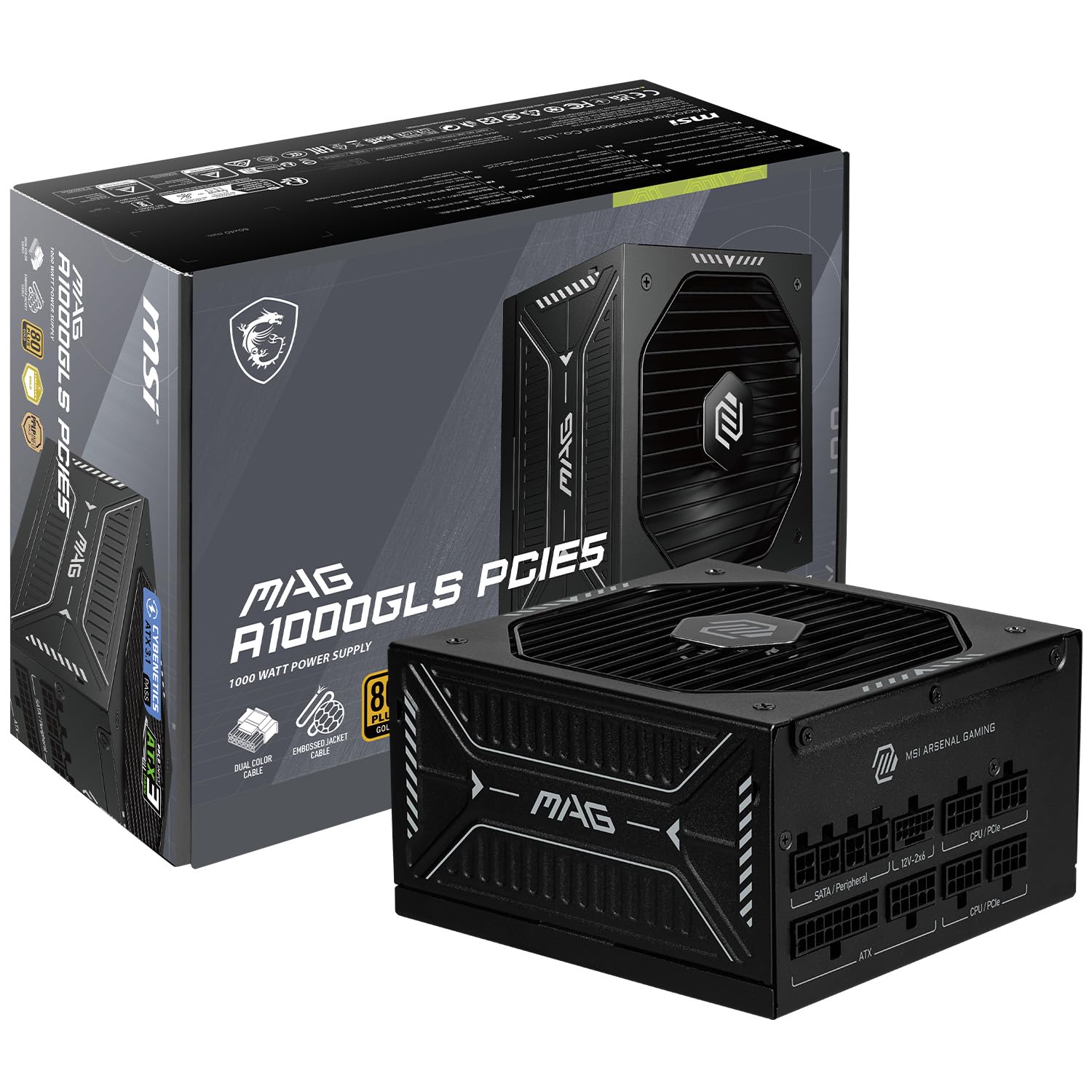 MSI MAG A1000GLS PCIE5, Fully Modular Compact Gaming 1000W Power Supply, 80+ Gold, ATX 3.1 & PCIe 5.1 Ready, Native Dual-Color 1