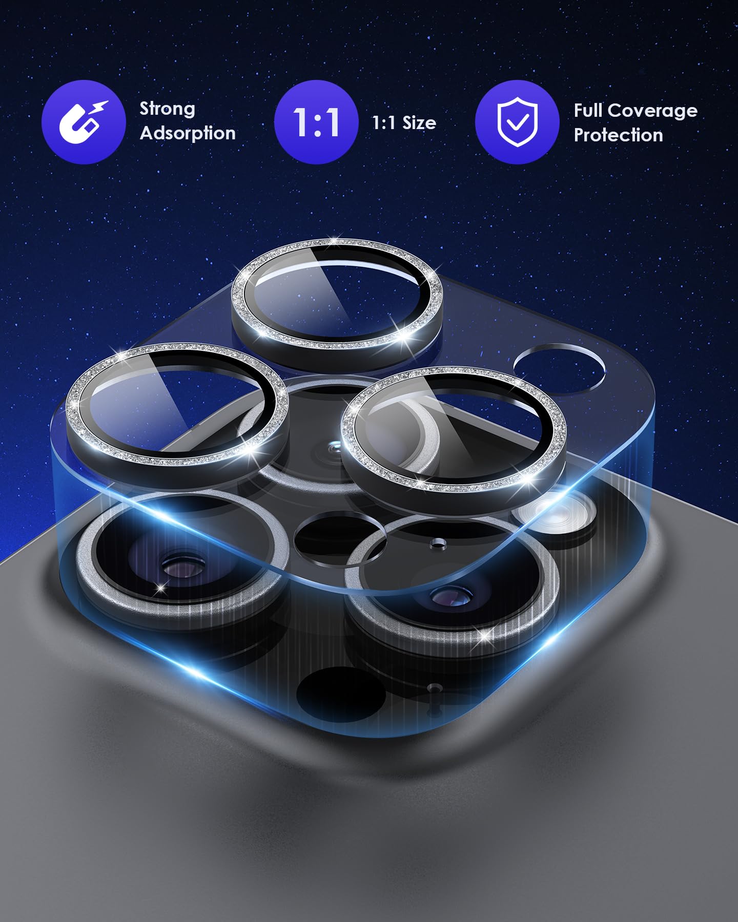 Kanosan For Iphone 16 Pro Max/Iphone 16 Pro/Iphone 14 Pro/Iphone 14 Pro Max Camera Lens Protector Glitter, Clear Acrylic Plus Al