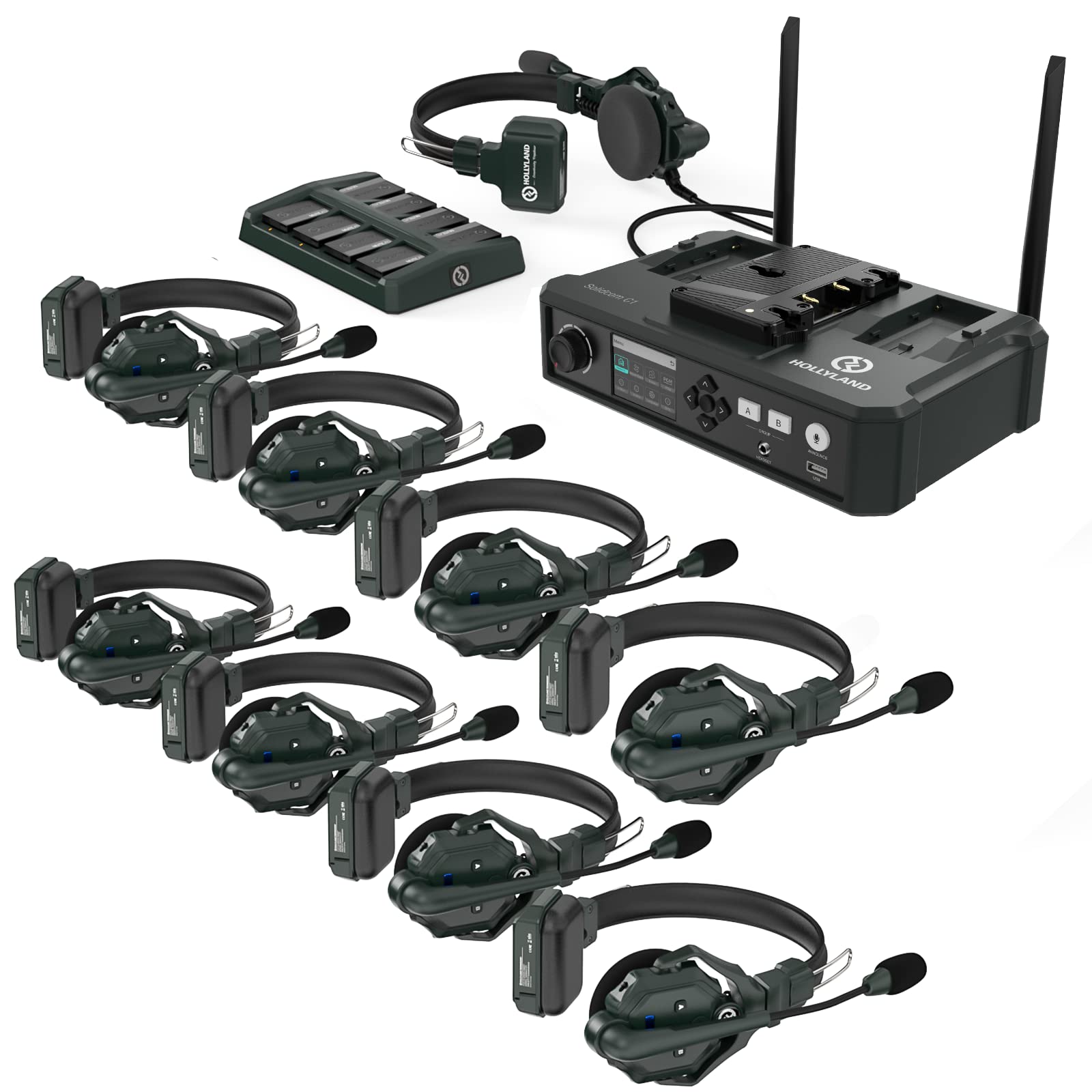 Hollyland Solidcom C1 9 Person Wireless Headset Intercom System With Base Station & 9 Headsets, 1.9Ghz Full Duplex Team Communic