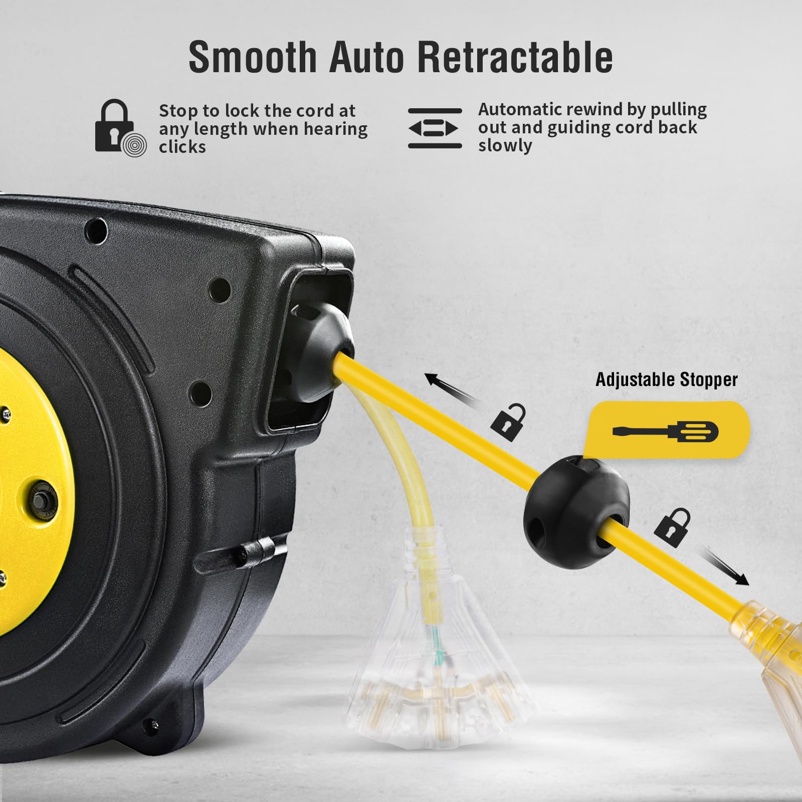 Suraielec 50 Ft Extension Cord Reel, 14 Gauge Retractable Extension Cord, Sjtow 14 Awg/3C Heavy Duty Power Cord, 13 Amp Circuit