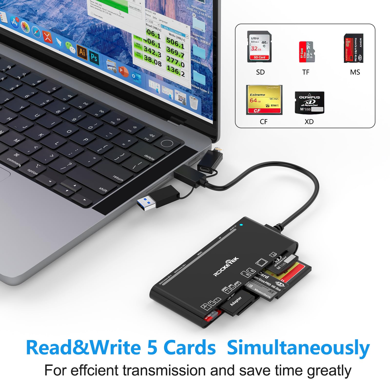 Multi Card Reader With Usb C Lightning Usb A Connector For Sd Cf Xd Ms Micro Sd Tf, 7 In 3 Memory Card Reader Adapter Hub For Ip