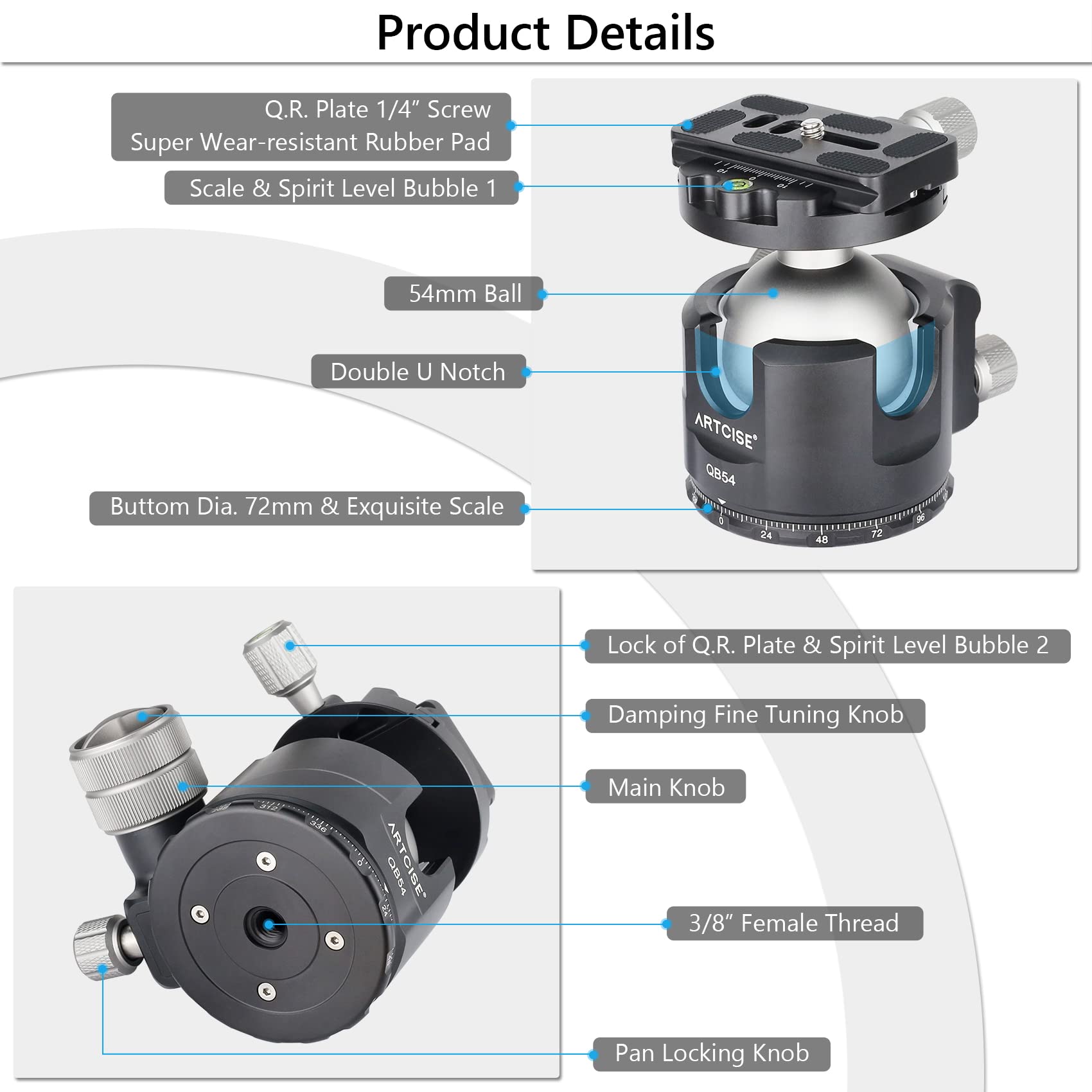 Low Profile Ball Head Unique 54Mm Ball 360 Panoramic Tripod Head Cnc Aluminium Alloy Metal Ball Head Arca Swiss Quick Release Plate Max Loading 77Lbs/35Kg
