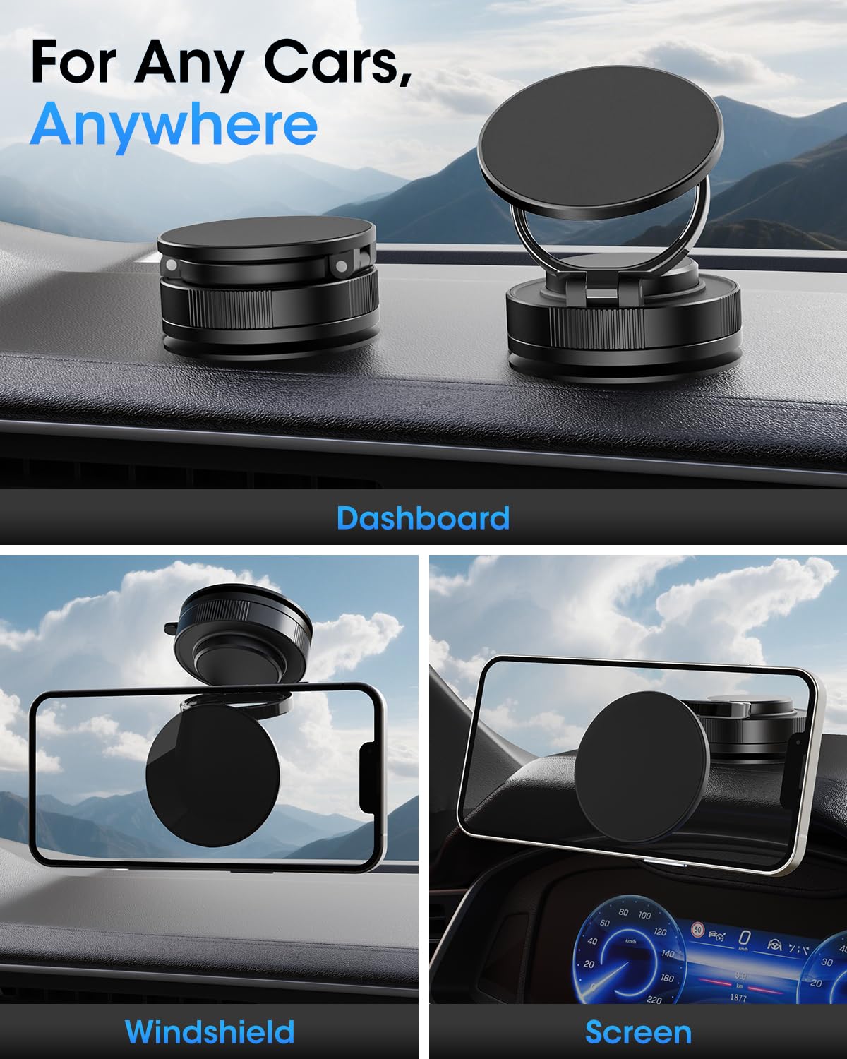 Kelybely For Magsafe Car Mount, 2025 Upgraded Magnetic Phone Holder For Car, Hands Free Suction Cup Cell Phone Holder Car Access