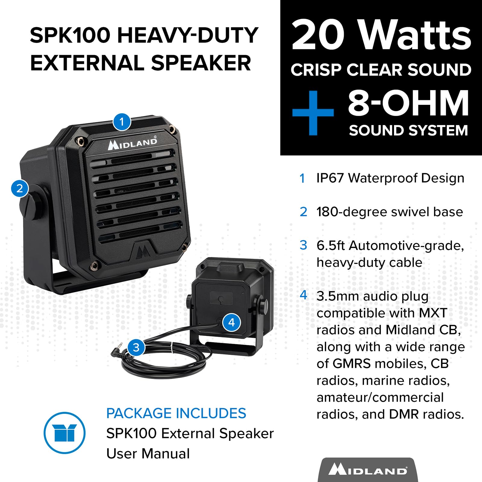 Midland  Spk100 Heavy Duty 20W External Speaker   180 Degrees Swivel Base Bracket Works With All Cb And Mxt Radios 8 Ohm Sound S