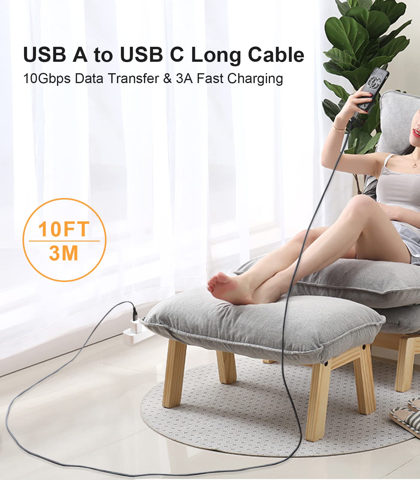 Aoybevty Usb A To Usb C Cable 10Ft, Usb 3.1 Gen 2 10Gbps Data Transfer And 3A Fast Charging Long Cable For Android Auto Samsung