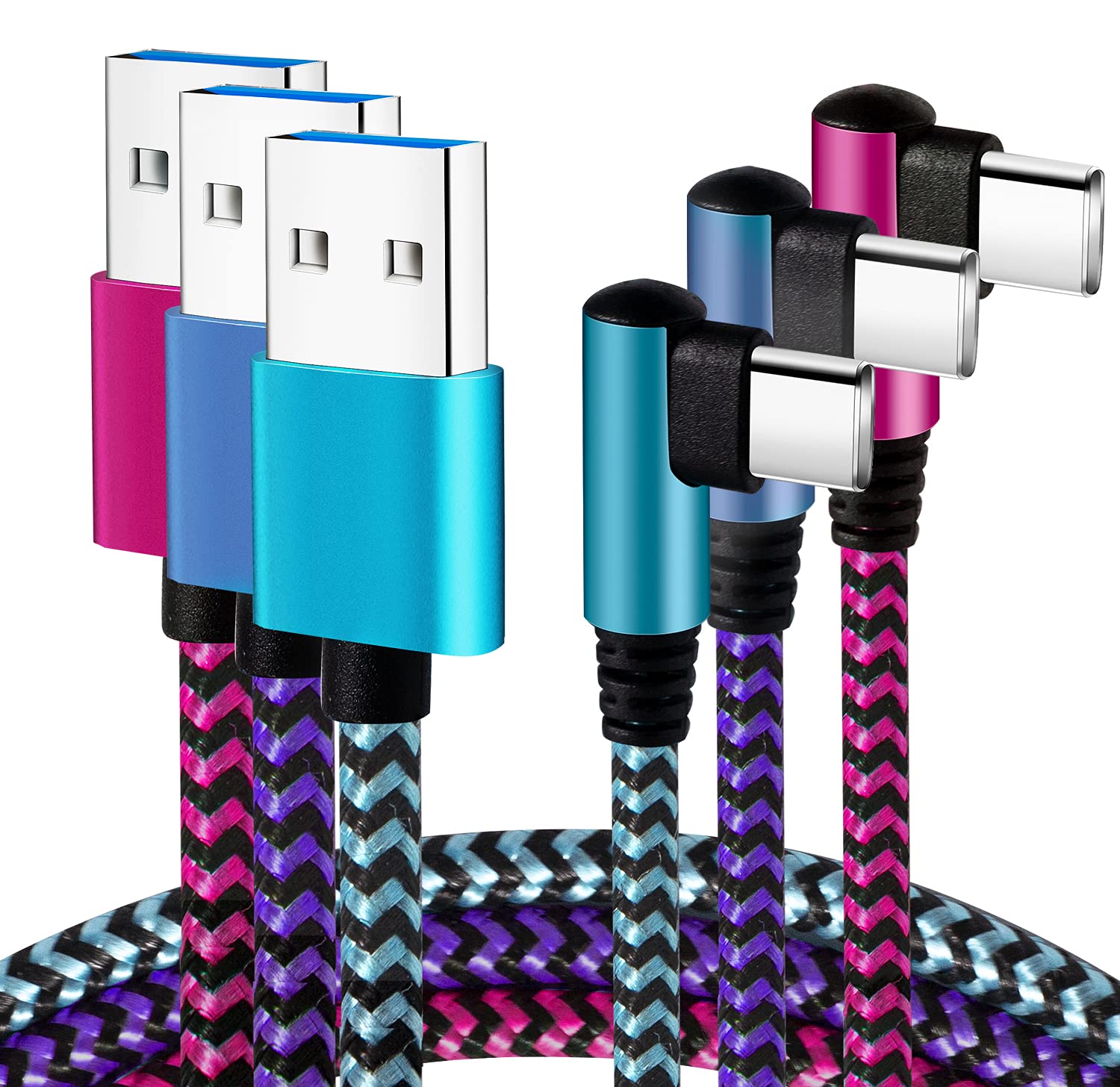 Teeind Usb Type C Cable 2.1A Fast Charging: [90 Degree/6Ft/3Pack] Nylon Usb C Cord Right Angle Compatible With Samsung Galaxy S23/S22/9/Note 10, Usb C Charger Blue/Magenta/Purple