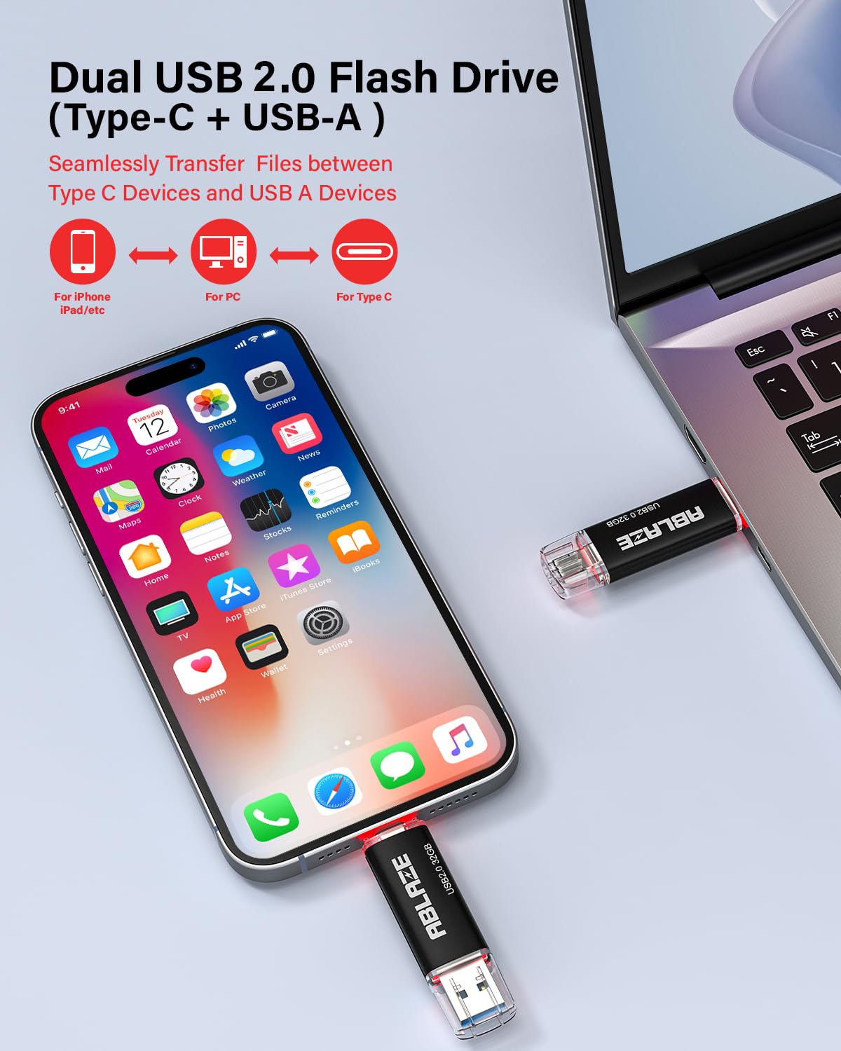Ablaze 32Gb Type C Flash Drive 10 Pack, Dual Usb 2.0+Usb C Memory Stick 32Gb Thumb Drive For Iphone 15, Android Smartphone, Comp