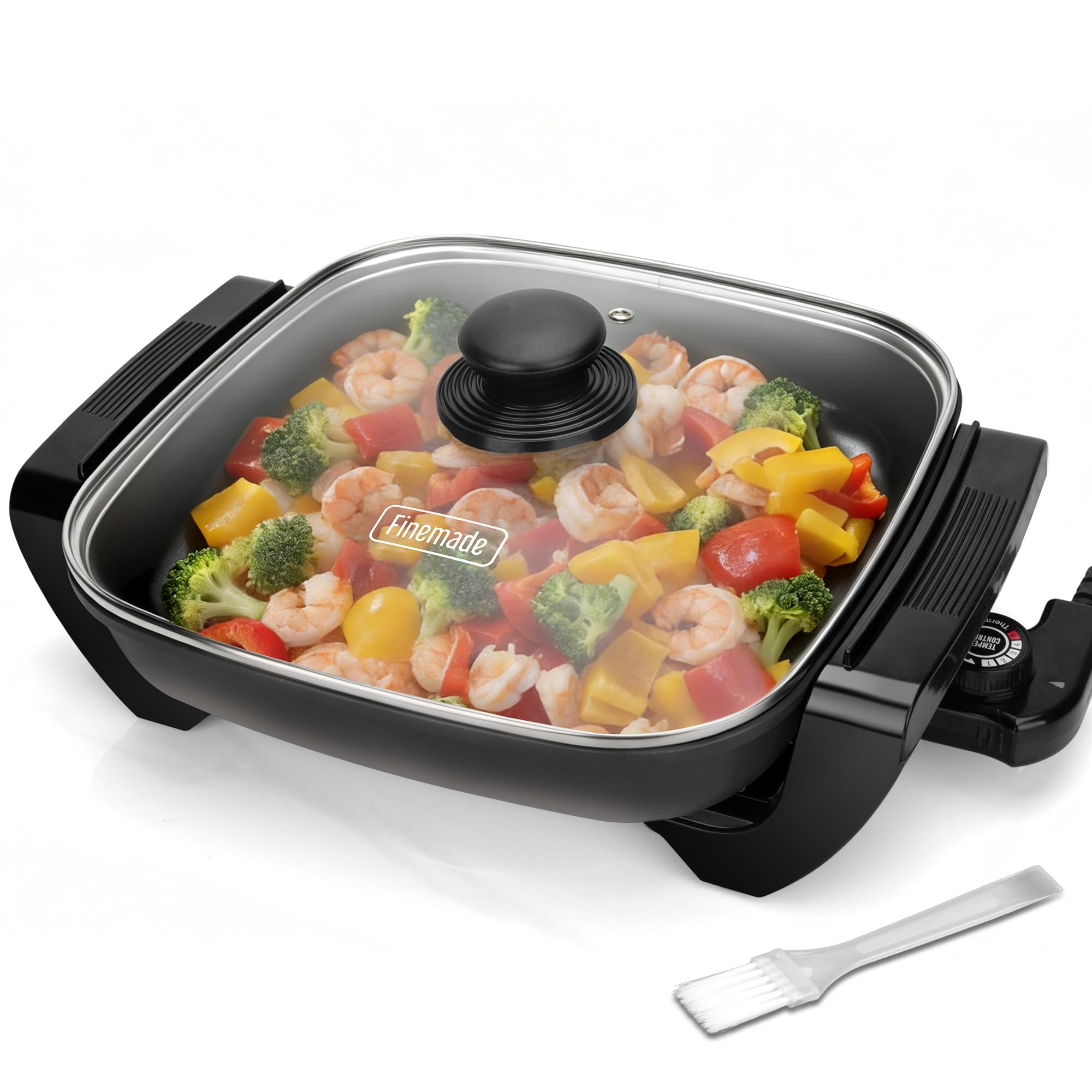FineMade 12inch Family Size Electric Skillet with Lid, Ceramic Skillet Electric, Square Skillet, Non Stick Electric Skillet Gri