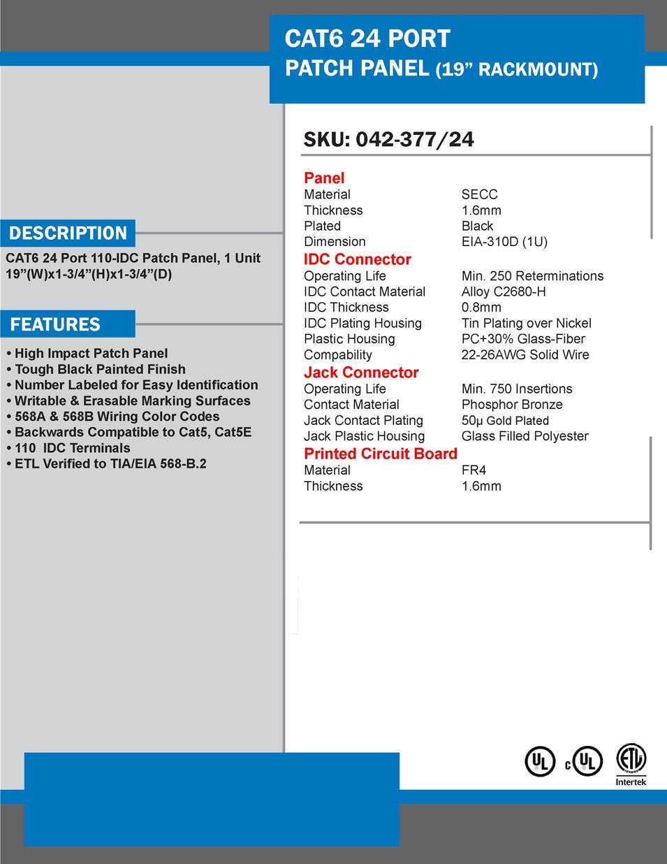 Vertical Cable Cat6 24 Port 19'' Horizontal Rackmount 1U Patch Panel