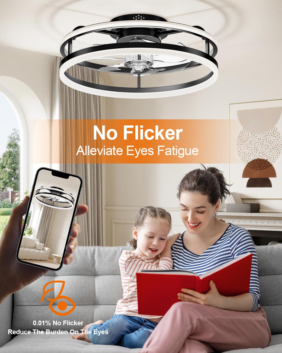 Modern Ceiling Fans With Lights And Remote, 19.7'' Fandelier Low Profile Ceiling Fans With Remote App, Flush Mount Ceiling Fan W