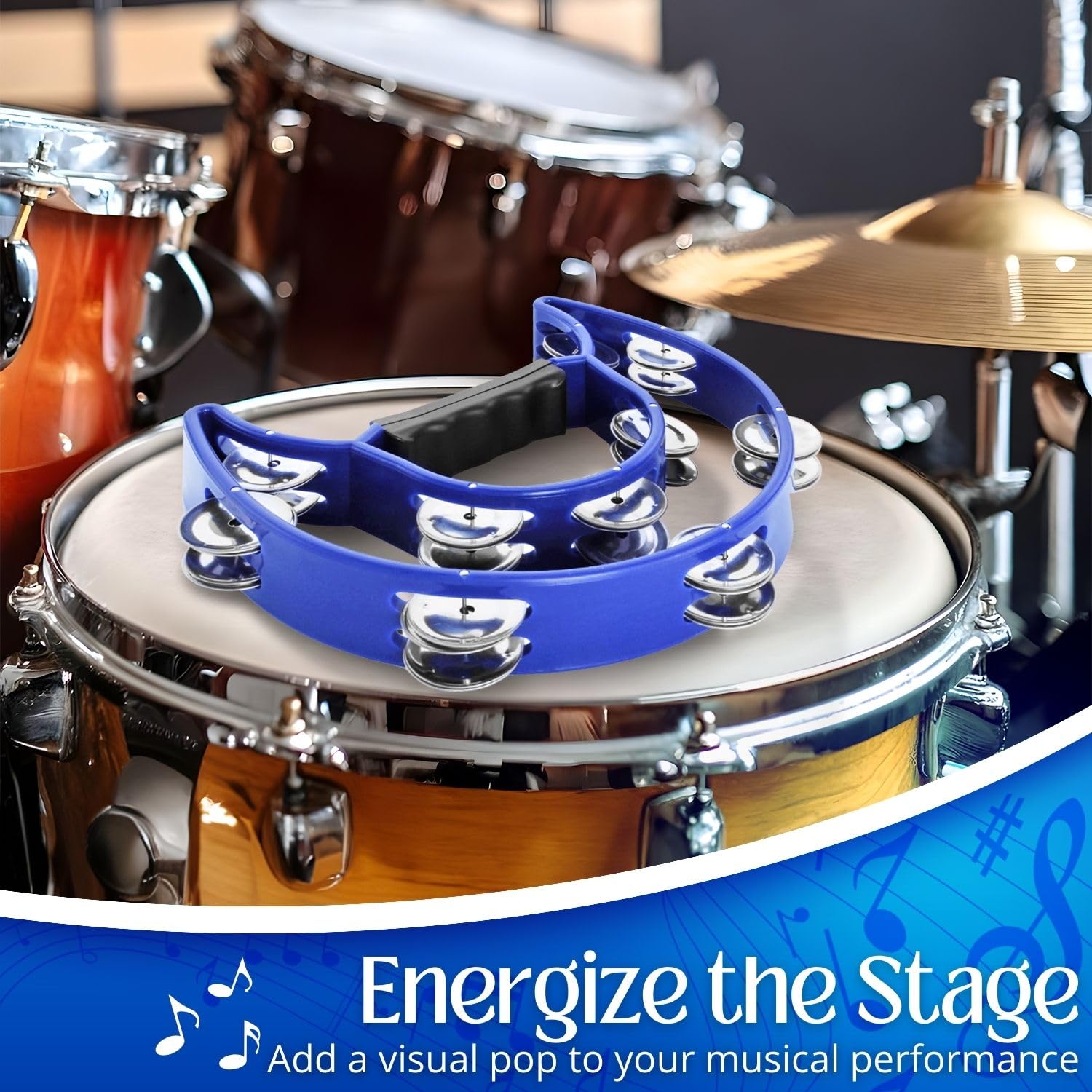 Flexzion Tambourine Metal Half Moon Musical Instruments Double Row Metal Jingles Hand Held Instruments Percussion With Ergonomic