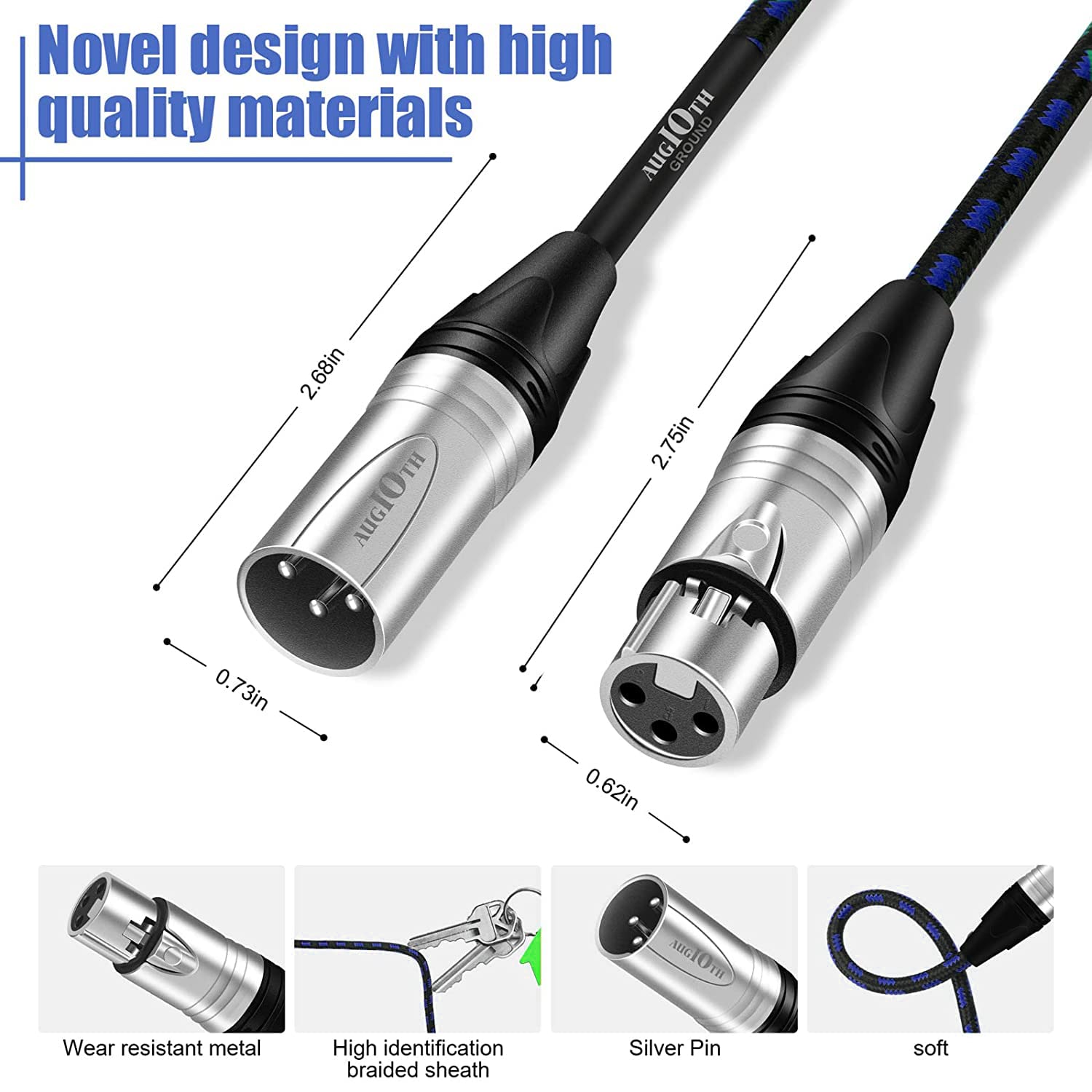 Augioth Xlr To Xlr Pro Mic Cable 15 Ft 2 Pack Male To Female Xlr Cable 3 Pin Blue Balanced Shielded Microphone Cable For Amplifi