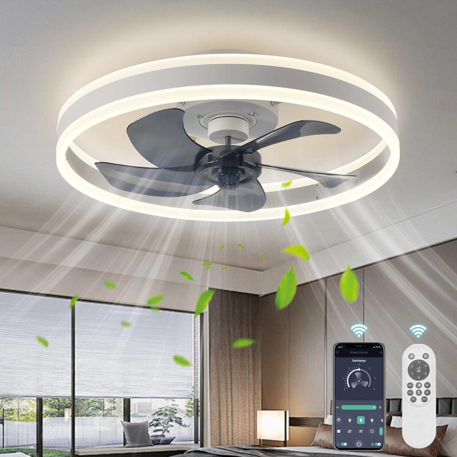 Ahawill Low Profile Ceiling Fans With Lights And Remote,19.7In Flush Mount Led Dimmable Ceiling Fan,Pure White Fandelier Ceiling